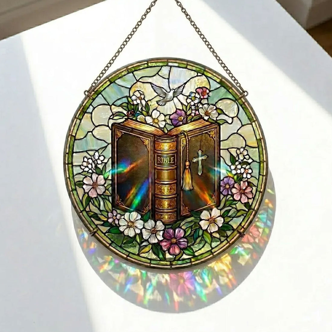 Open Bible Stained Glass Suncatcher with Dove, Christian Window Decor, Faith Gift
