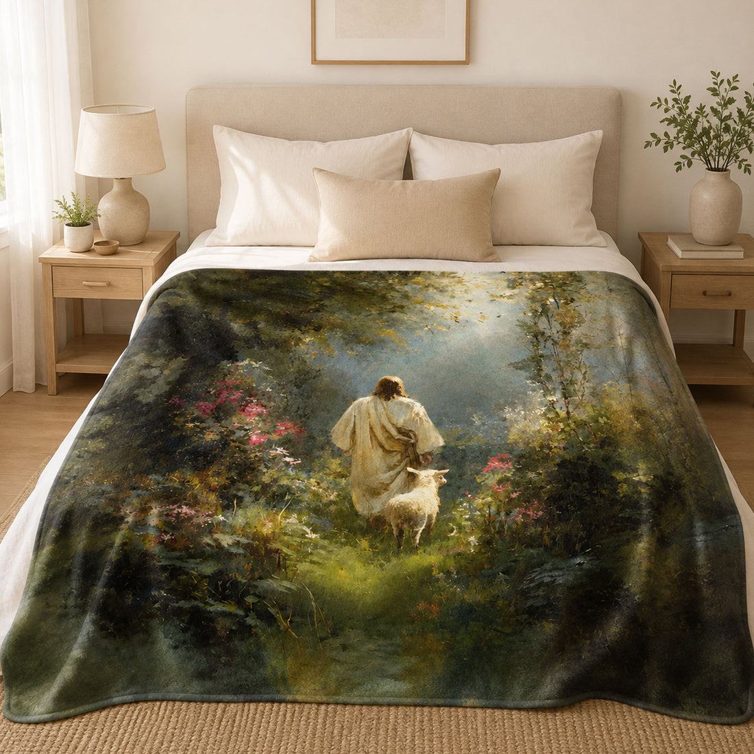 Jesus Good Shepherd Fleece Blanket, Christian Lamb Throw, Faith Gift for Believers