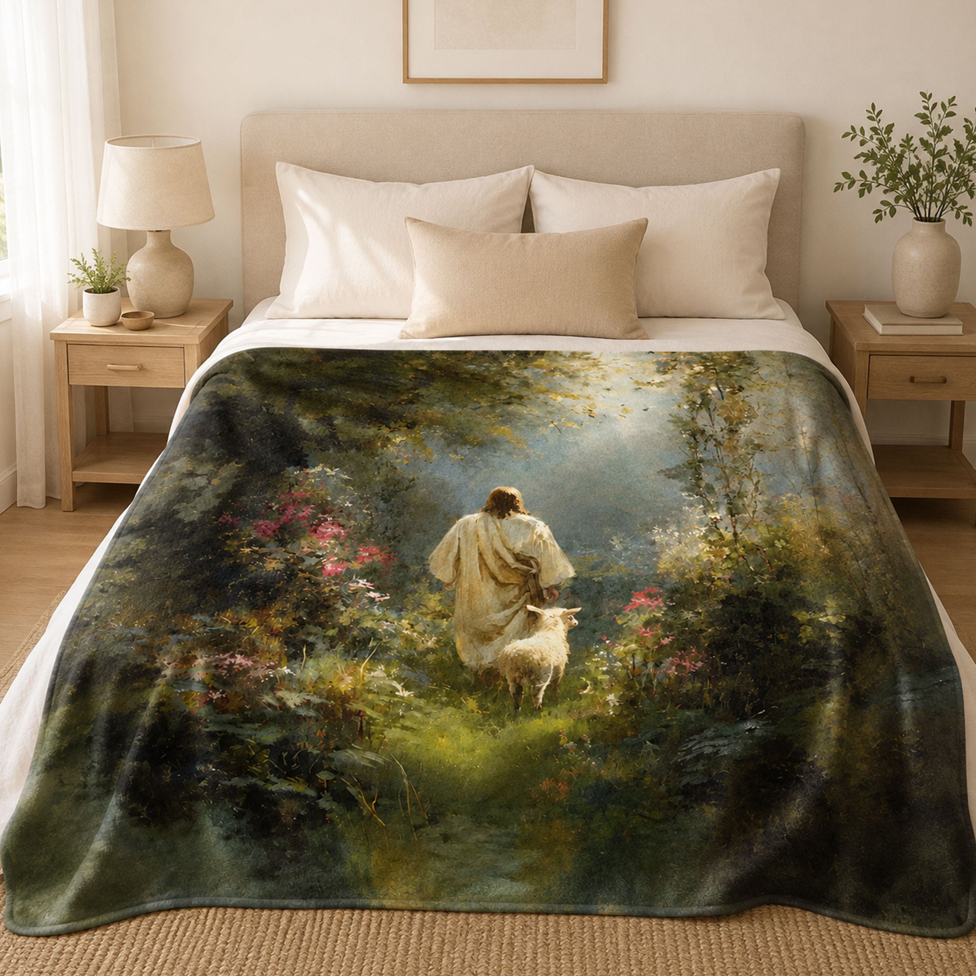 Jesus Good Shepherd Fleece Blanket, Christian Lamb Throw, Faith Gift for Believers
