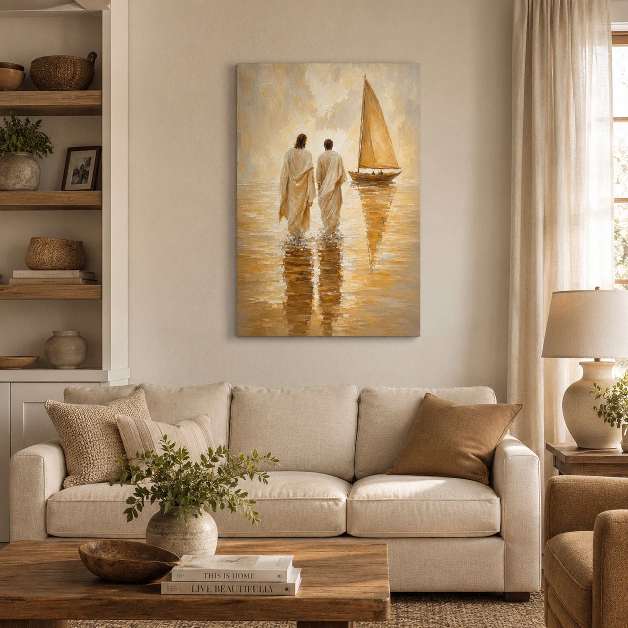 Jesus Walking Beside Disciple Canvas Print, Warm Coastal Christian Wall Decor