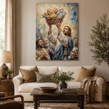 Jesus Feeding the 5000 Canvas Print, Loaves and Fish Miracle Christian Wall Art, Bible Story Home Decor