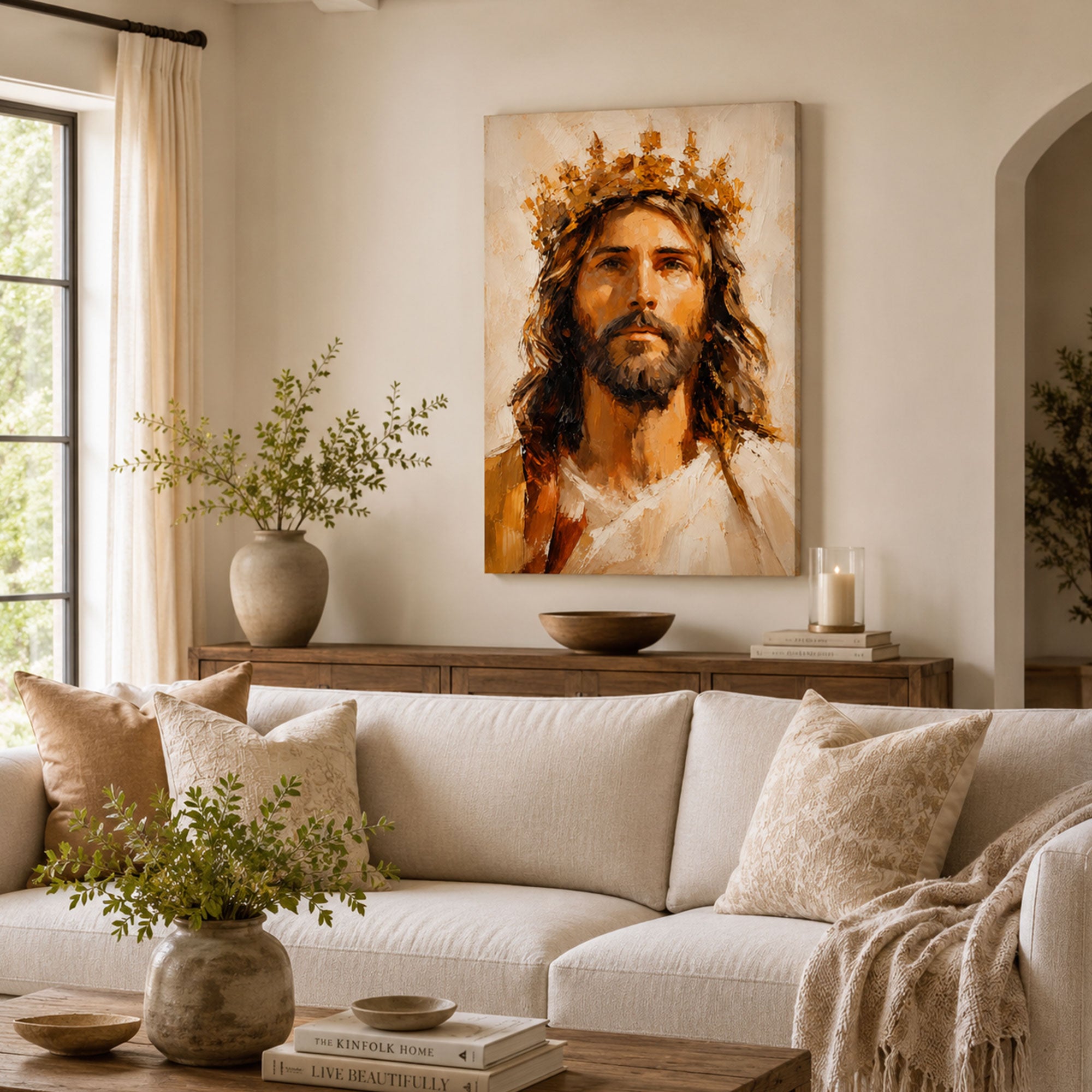 Crowned Jesus Portrait Canvas Print, Christ the King Catholic Wall Art, Golden Faith Home Decor Gift