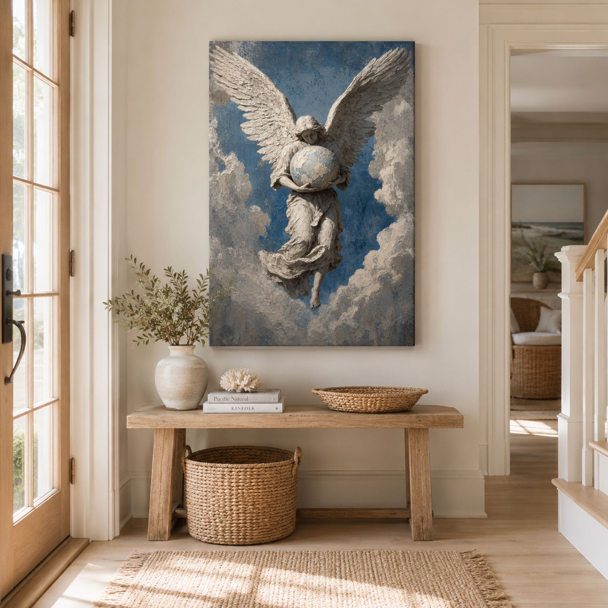 Heavenly Angel Holding the World Canvas Print, Christian Angel Wall Art, Faith Home Decor Gift