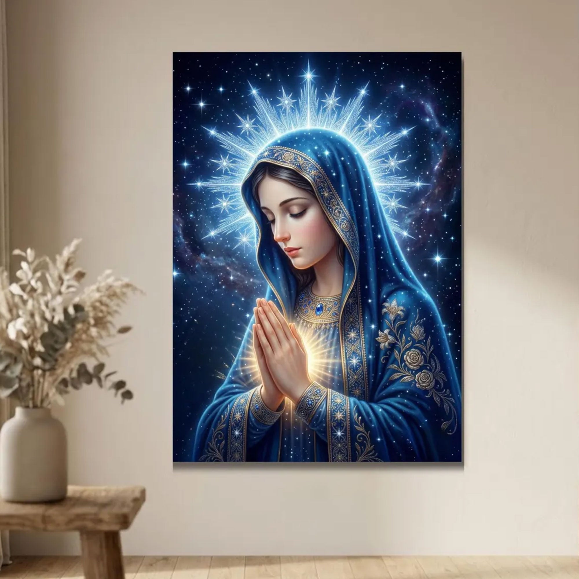 Celestial Virgin Mary Canvas Print, Starry Catholic Wall Art, Heavenly Blue Madonna Decor, Christian Faith Artwork