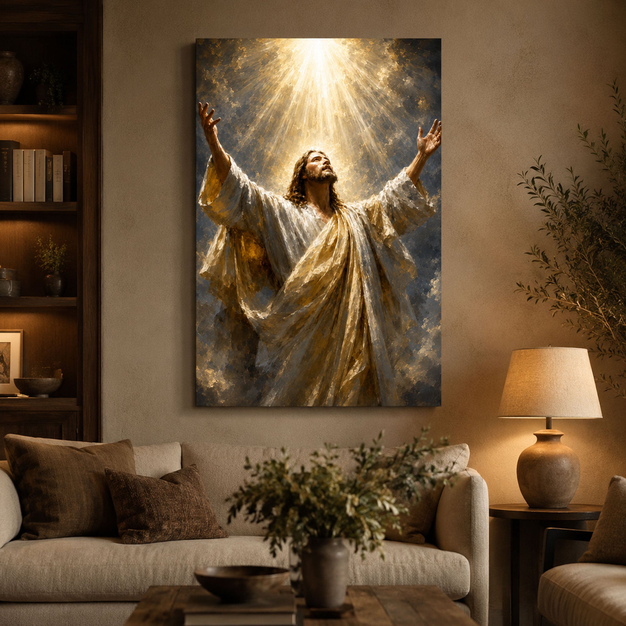 Jesus in Heavenly Light Canvas Print, Christian Worship Wall Art, Faith Home Decor