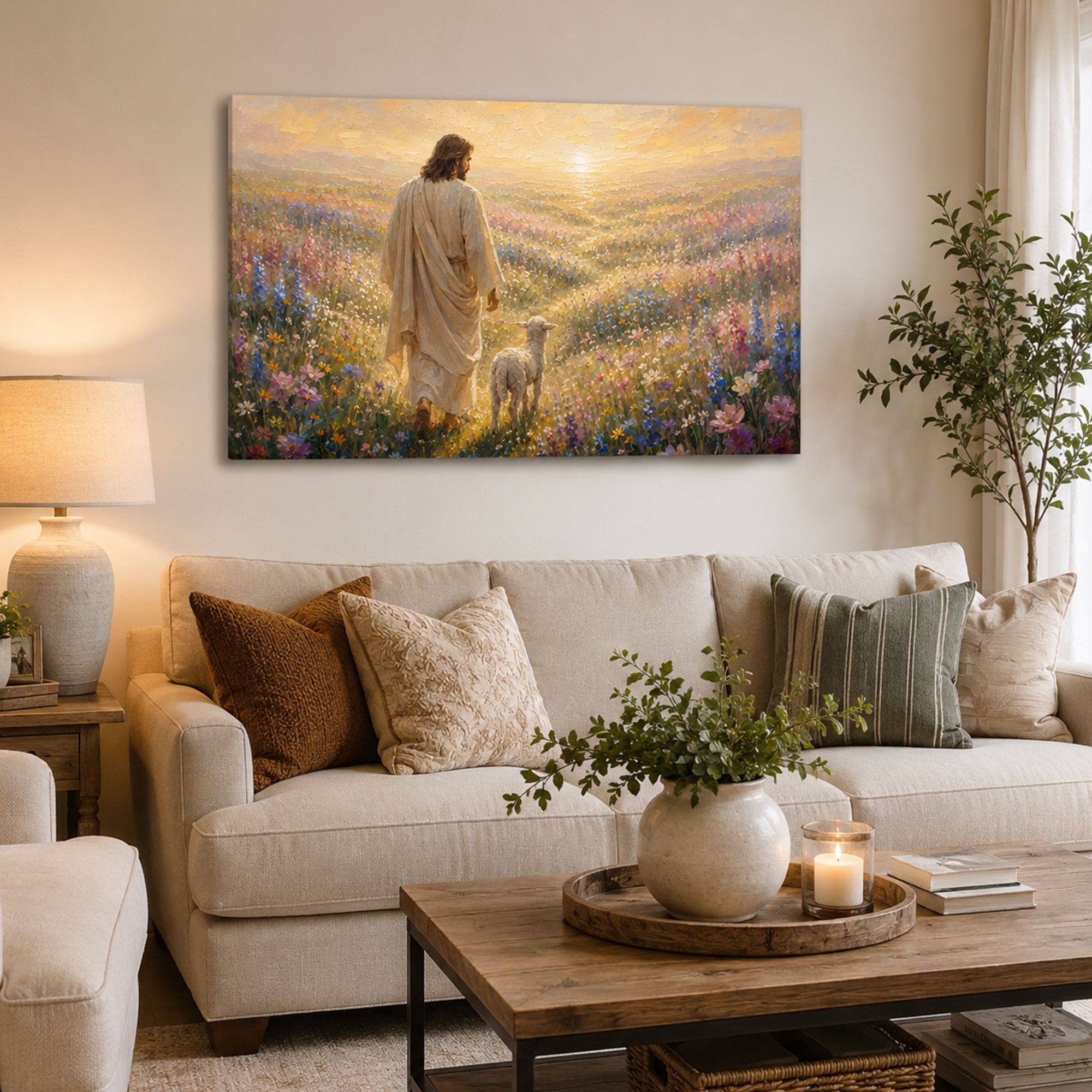 Jesus and Lamb in Wildflower Field Canvas Print, Christian Home Decor
