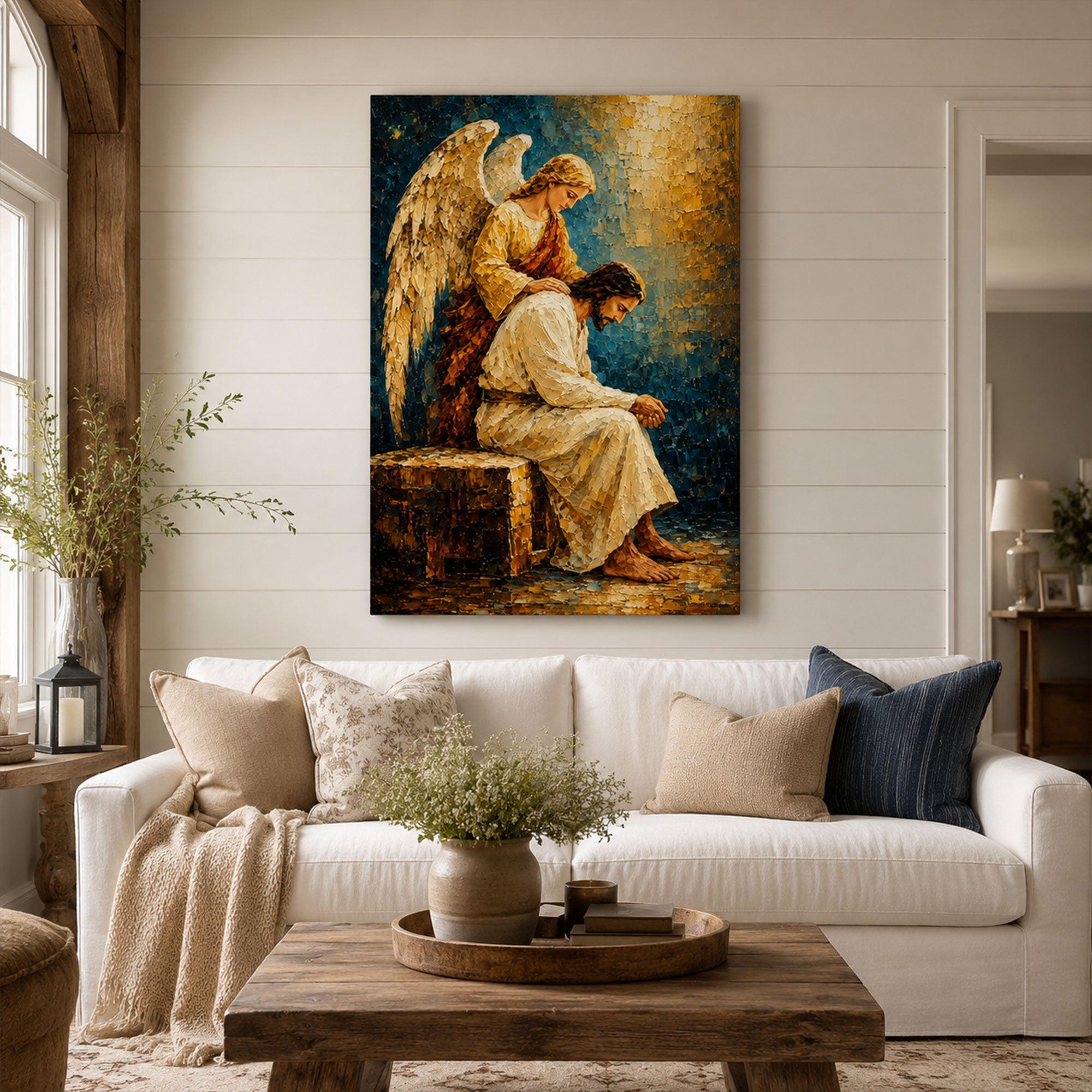 Guardian Angel Comforting Jesus Canvas Print, Christian Angel Wall Art, Faith Home Decor Gift