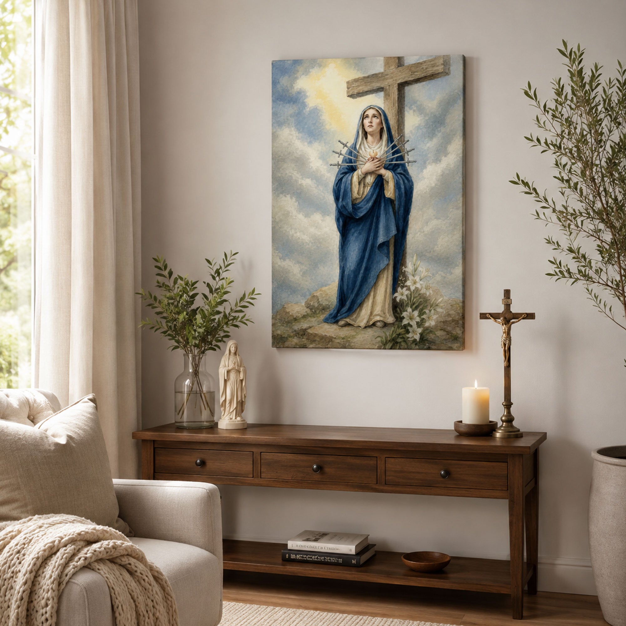 Our Lady of Sorrows Canvas Print, Seven Swords of Mary Catholic Wall Decor, Marian Faith Gift