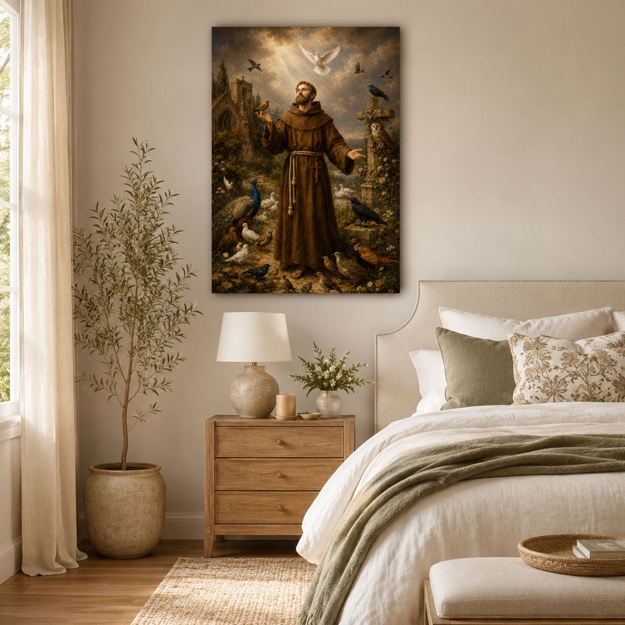 Saint Francis of Assisi with Birds Canvas Print, Catholic Saint Nature Wall Art, Faith Home Decor Gift