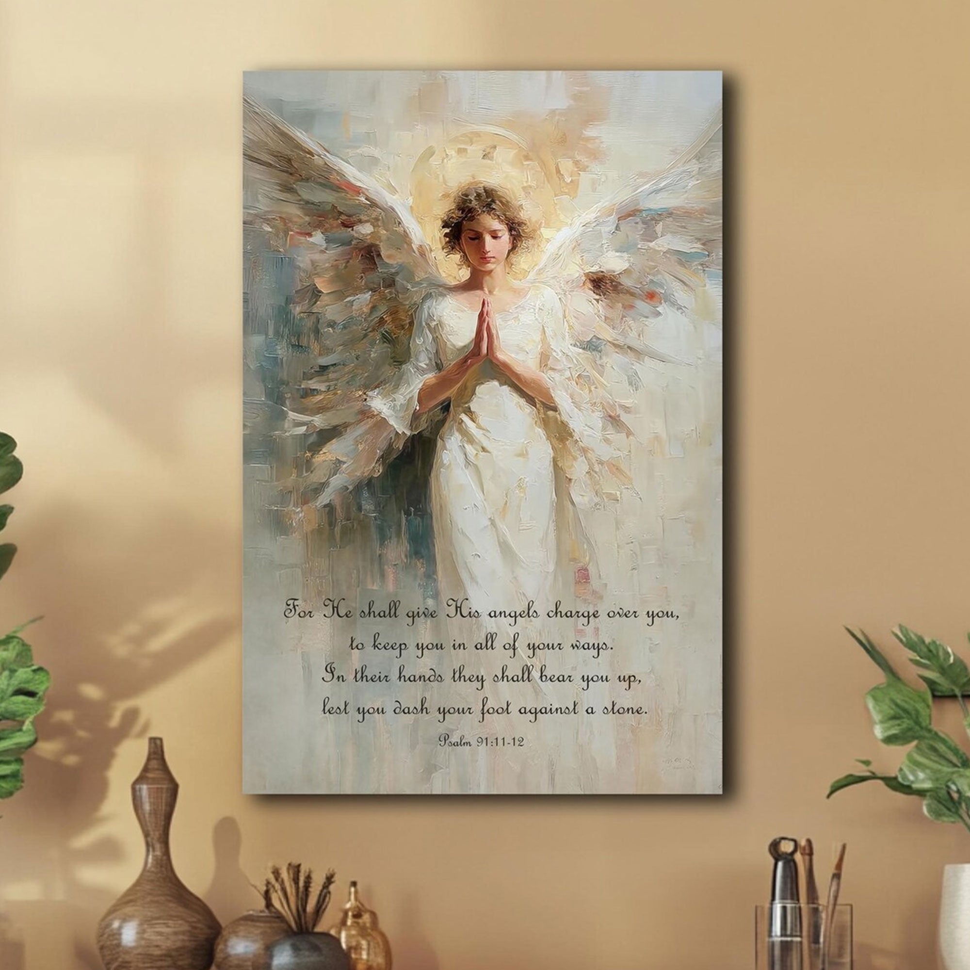 Psalm 91 Guardian Angel Canvas Print, Christian Angel Wall Art, Faith Home Decor