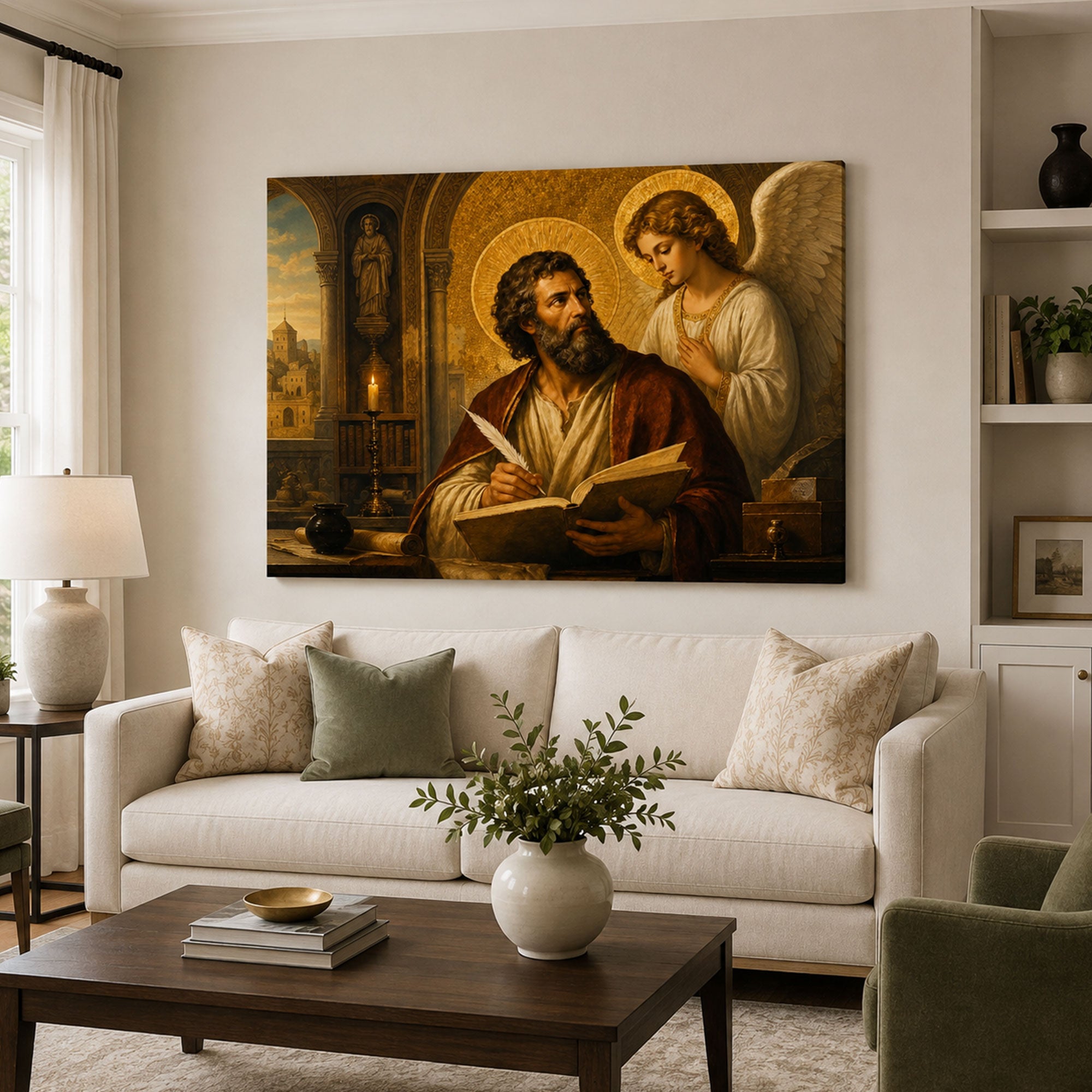 Saint Matthew the Evangelist Canvas Print, Angel Inspired Gospel Writer, Catholic Wall Decor