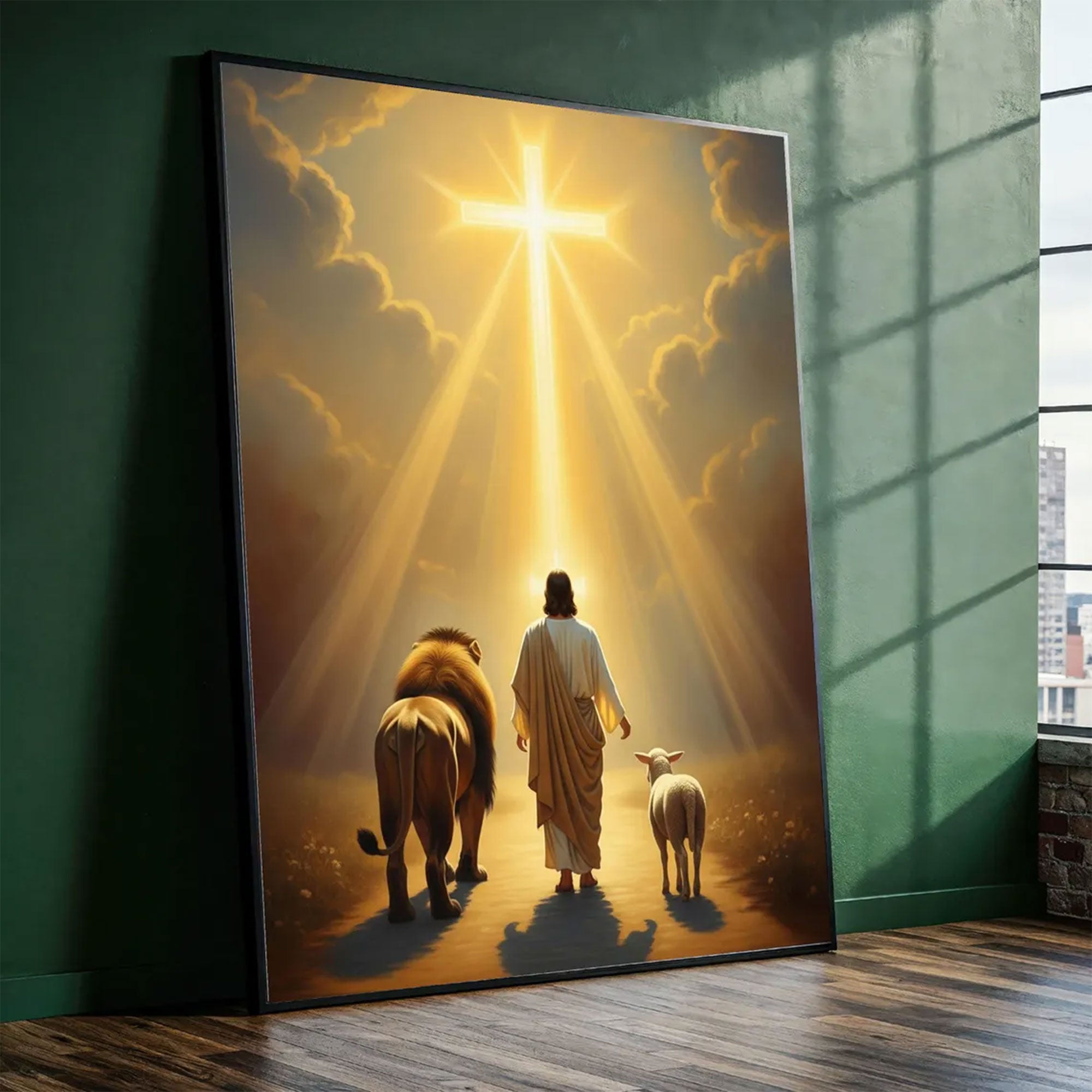 Jesus Walking with Lion and Lamb Canvas, Radiant Cross Light, Christian Wall Art Decor