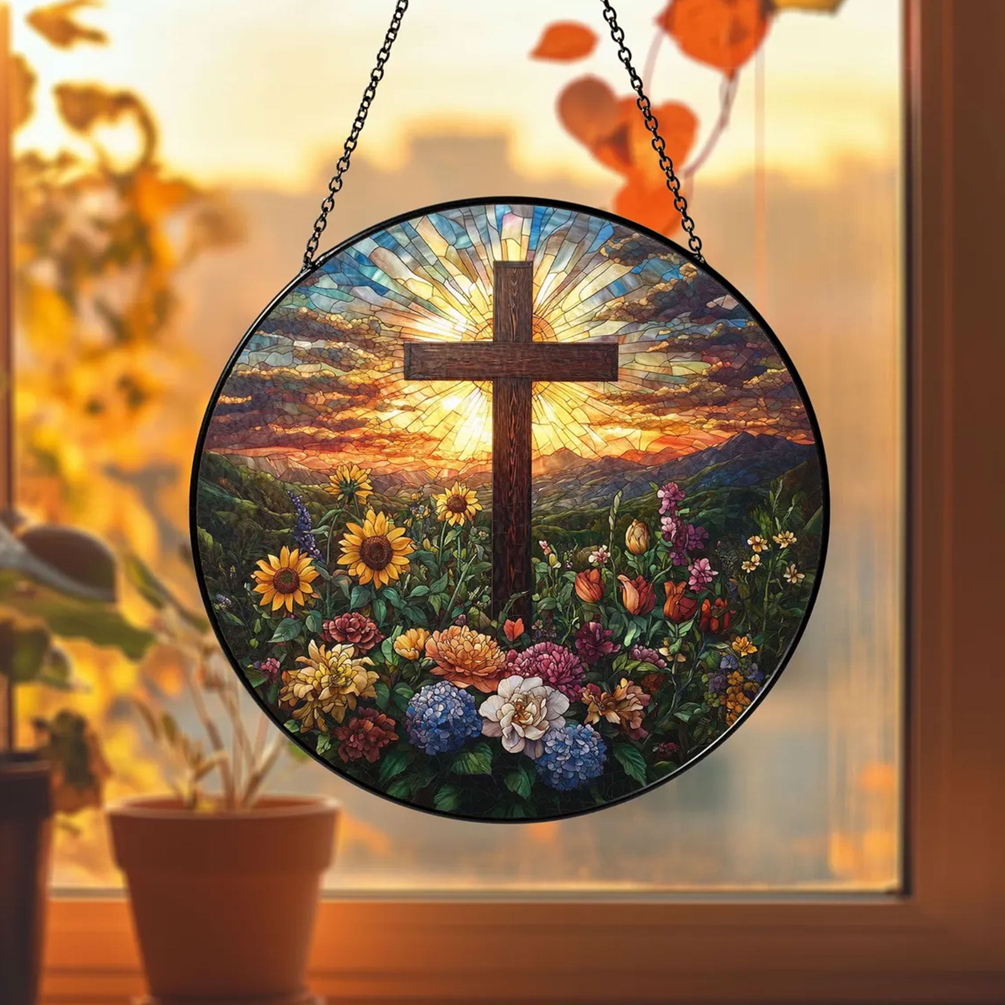 Stained Glass Cross Suncatcher with Wildflowers and Sunset, Christian Window Hanging Decor, Religious Faith Gift