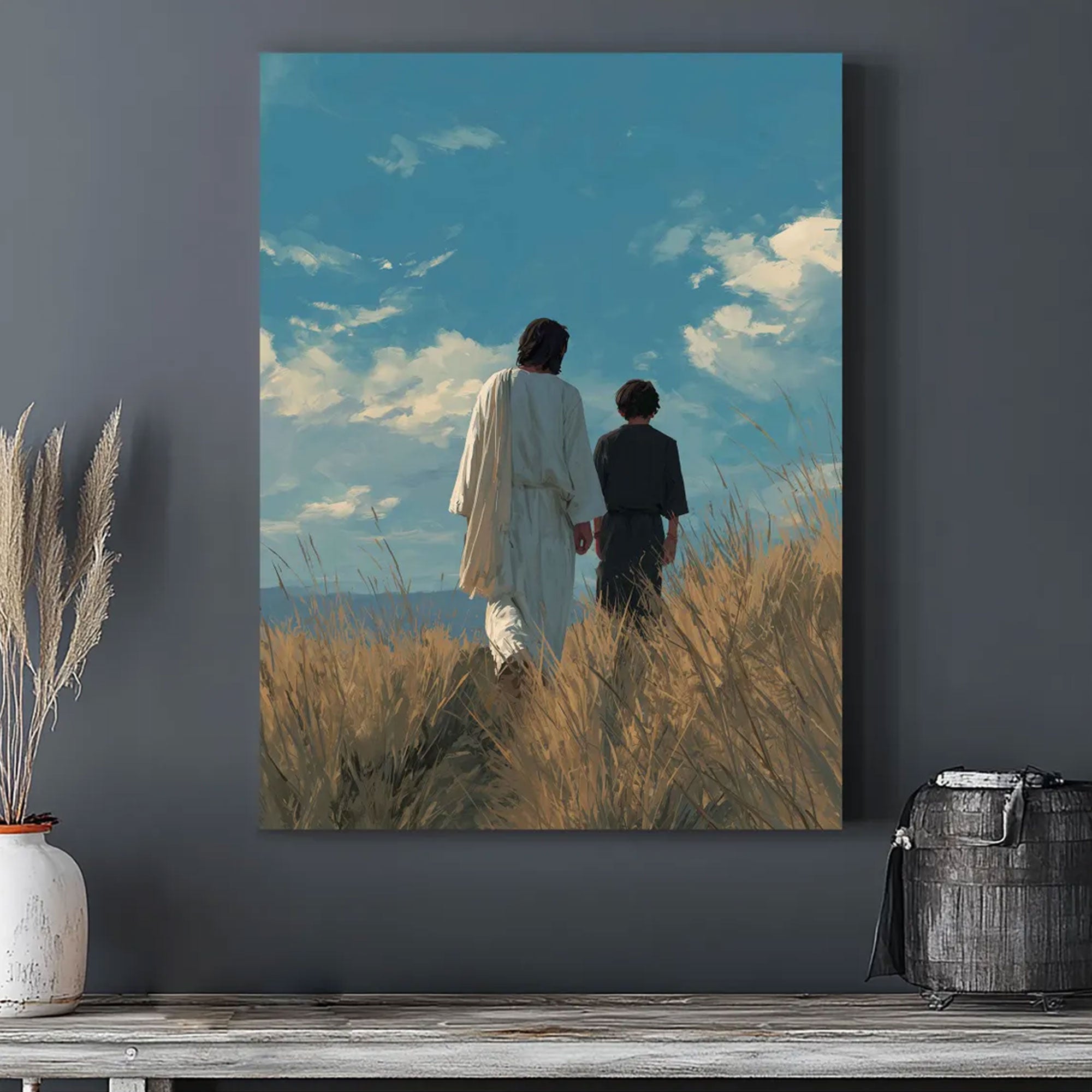 Jesus Walking With Child Canvas Print, Christian Faith Wall Art, Peaceful Spiritual Home Decor