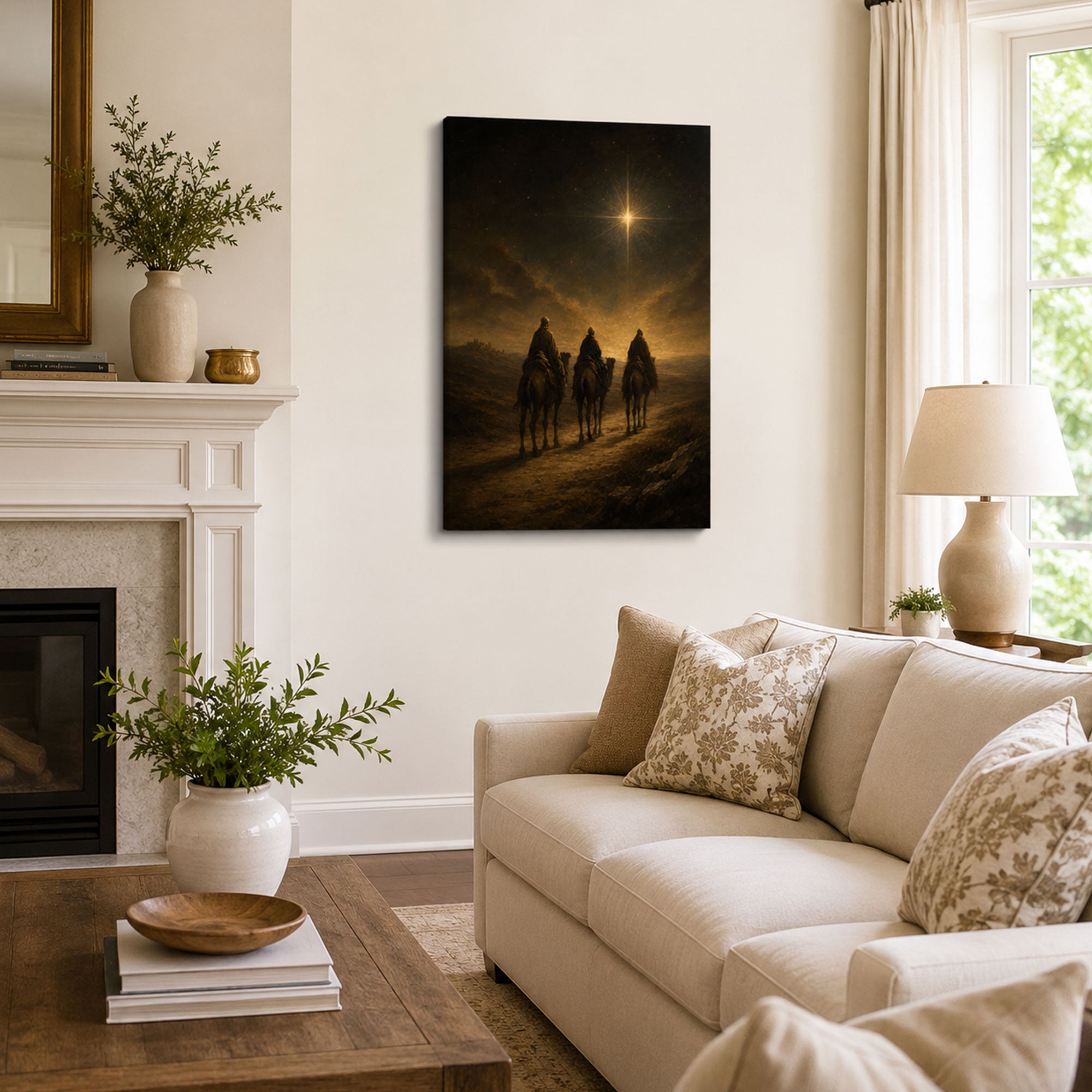 Three Wise Men Beneath the Bethlehem Star Canvas Print, Dark Gold Christian Decor