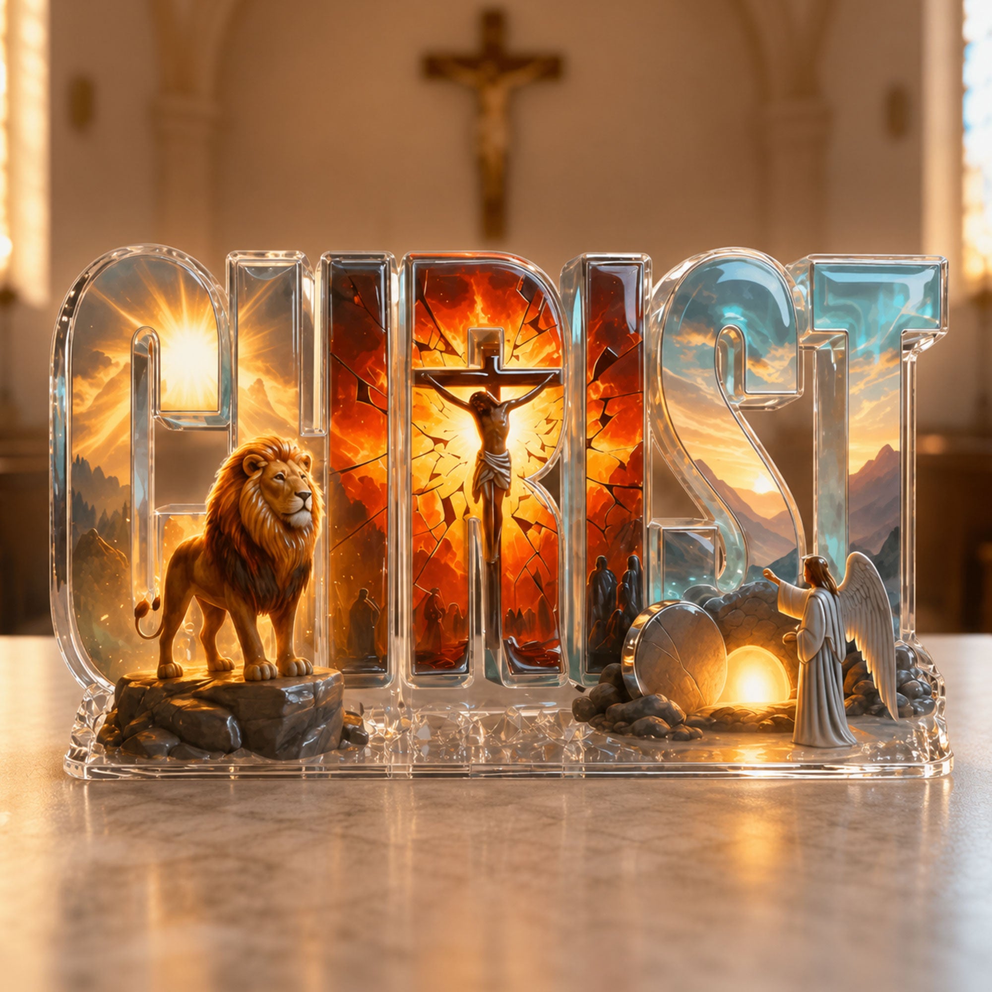 Christ Name Acrylic Plaque, Lion of Judah & Empty Tomb Christian Decor, 2D Flat Faith Table Display