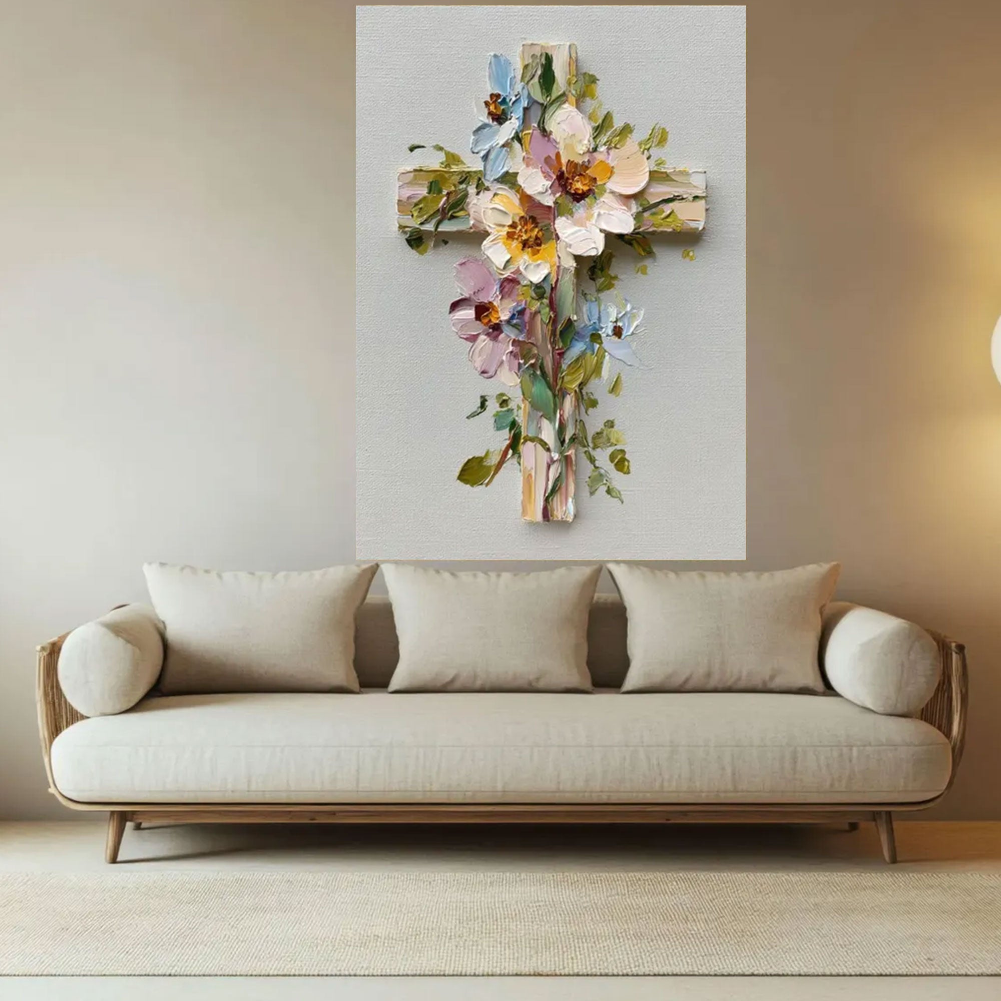 Floral Cross Canvas Print, Rustic Christian Wall Art, Flower Cross Religious Decor, Spiritual Home Decoration, Inspirational Faith Gift