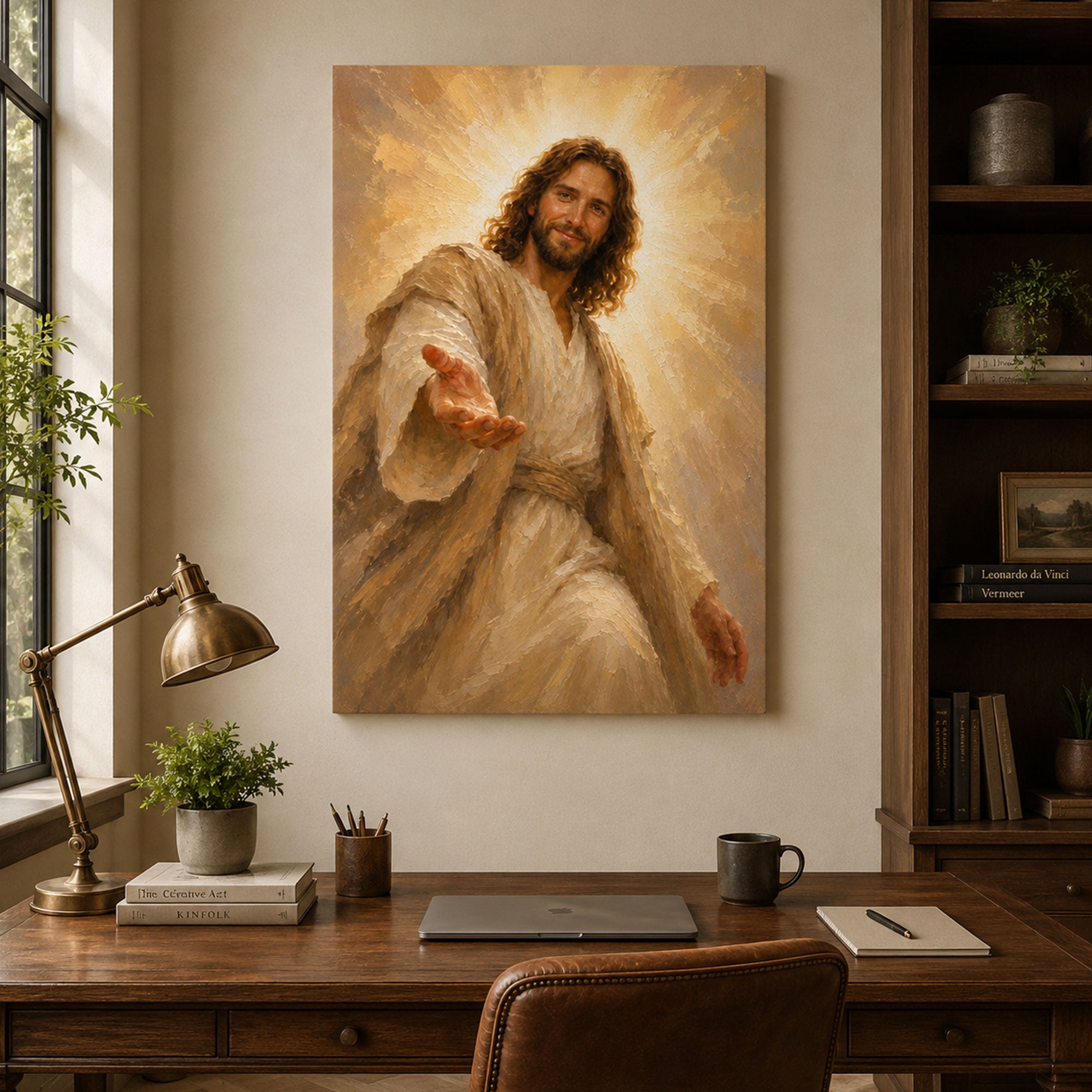 Smiling Jesus Reaching Out Canvas Print, Peaceful Christian Wall Art, Faith Home Decor