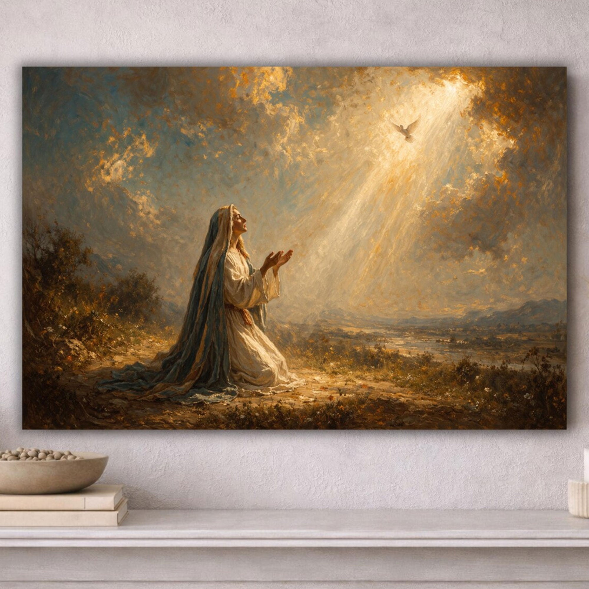 Virgin Mary Prayer Canvas Wall Art, Holy Spirit Dove Painting, Catholic Oil Style Print, Devotional Religious Decor, Sacred Christian Farmhouse Canvas, Inspirational Faith Gift