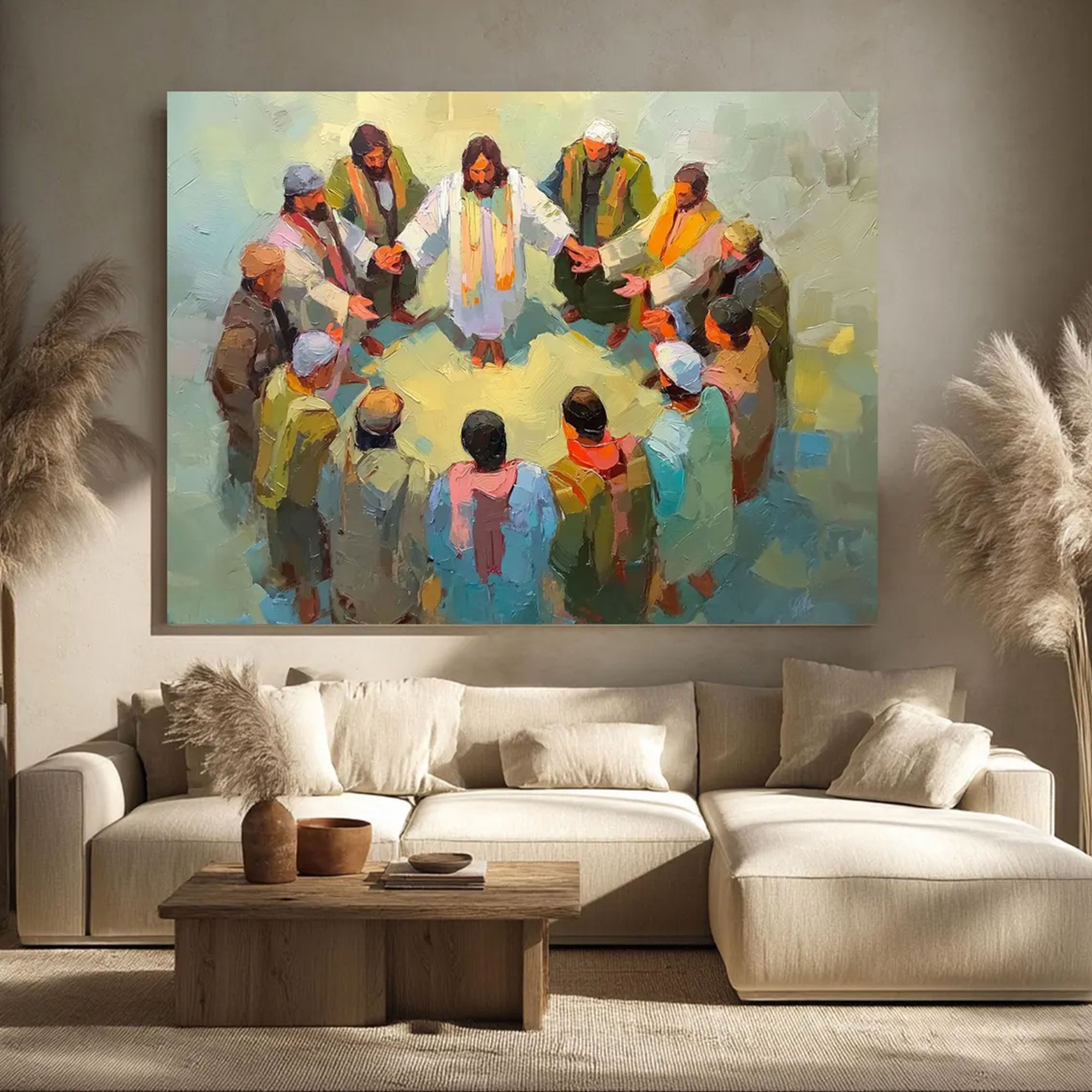 Jesus Praying with Disciples Expressionist Canvas Art, Christian Faith Wall Decor, Spiritual Religious Home Artwork