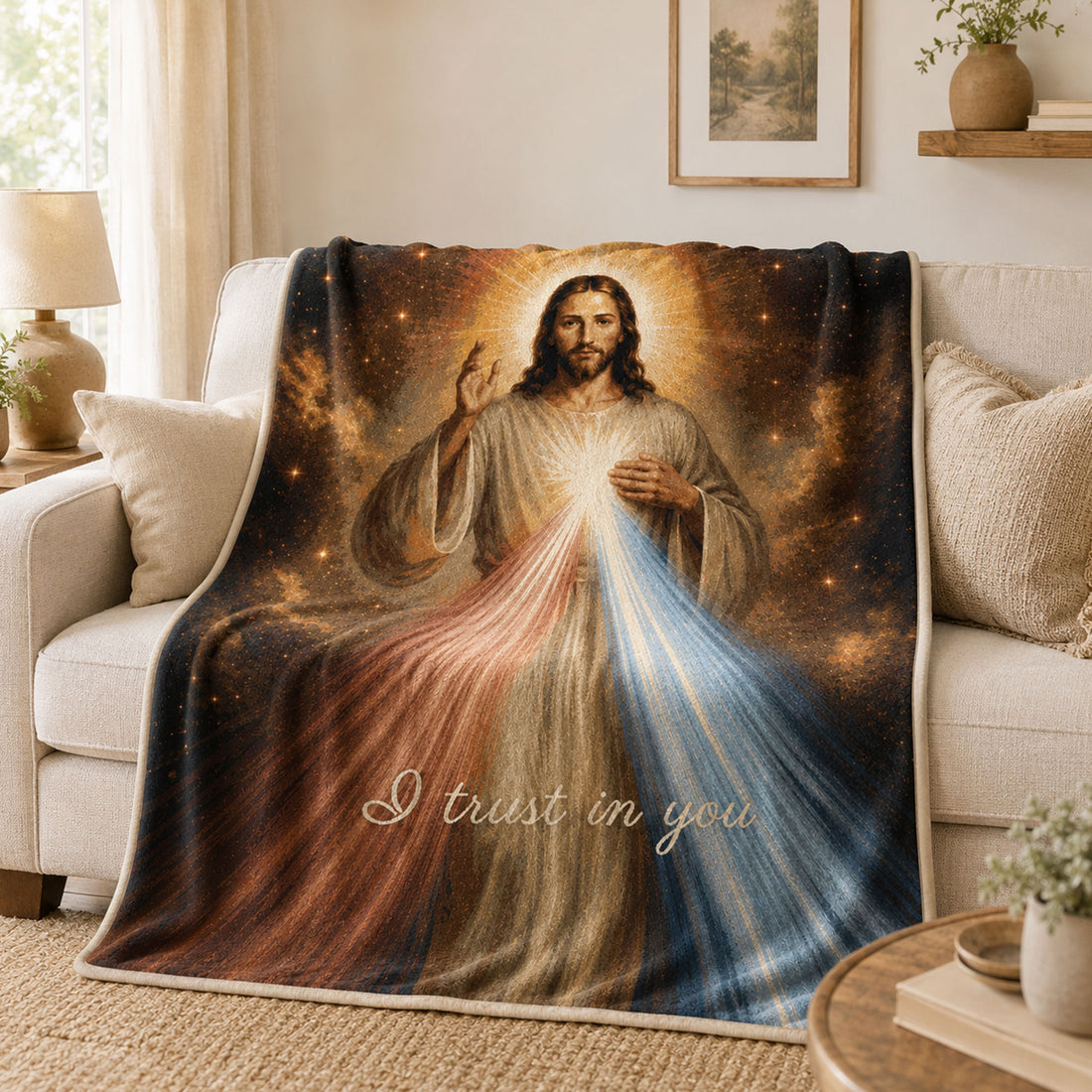 Divine Mercy Jesus Fleece Blanket, I Trust in You Catholic Throw, Christian Faith Gift