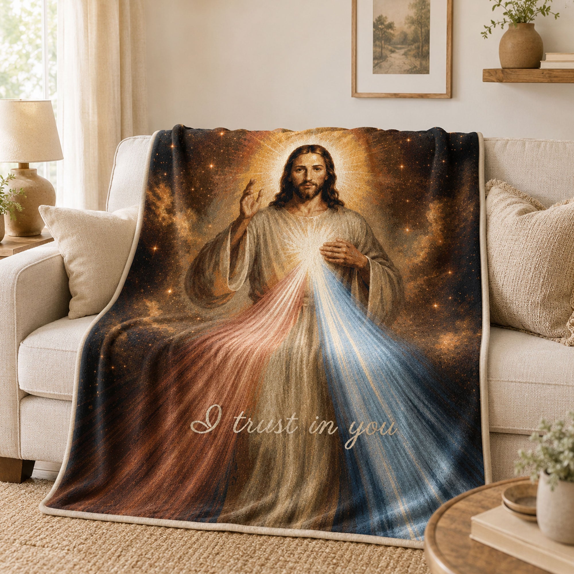 Divine Mercy Jesus Fleece Blanket, I Trust in You Catholic Throw, Christian Faith Gift