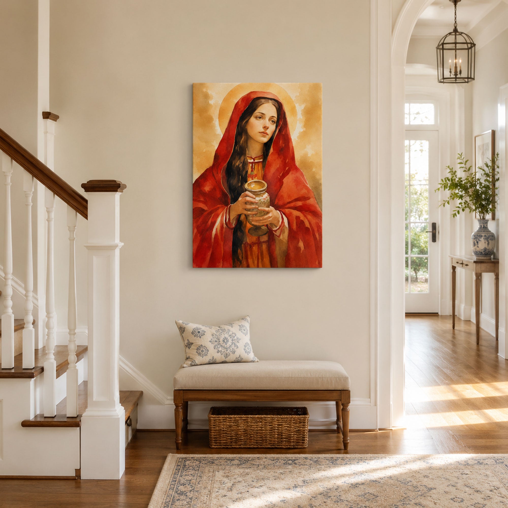 Mary Magdalene Anointing Oil Canvas Print, Crimson Watercolor Catholic Decor