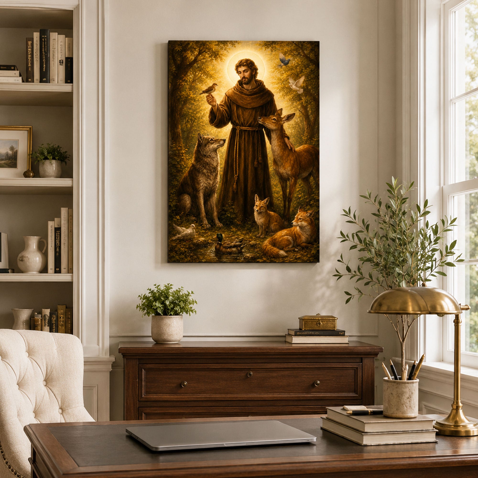 Saint Francis of Assisi with Forest Animals Canvas Print, Catholic Saint Wall Art, Nature Faith Home Decor Gift