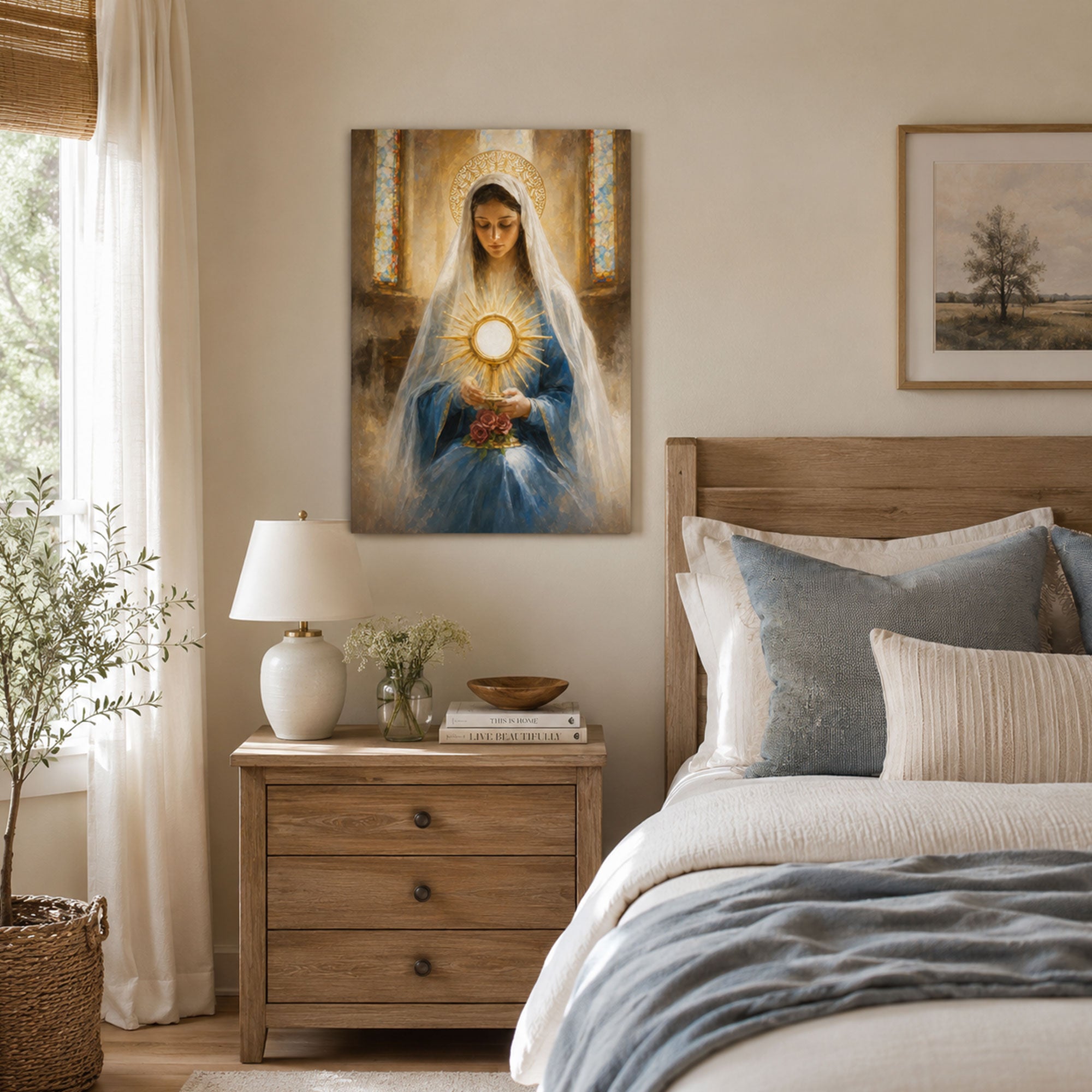 Our Lady of the Blessed Sacrament Canvas Print, Virgin Mary with Holy Eucharist Catholic Wall Art, Faith Home Decor Gift