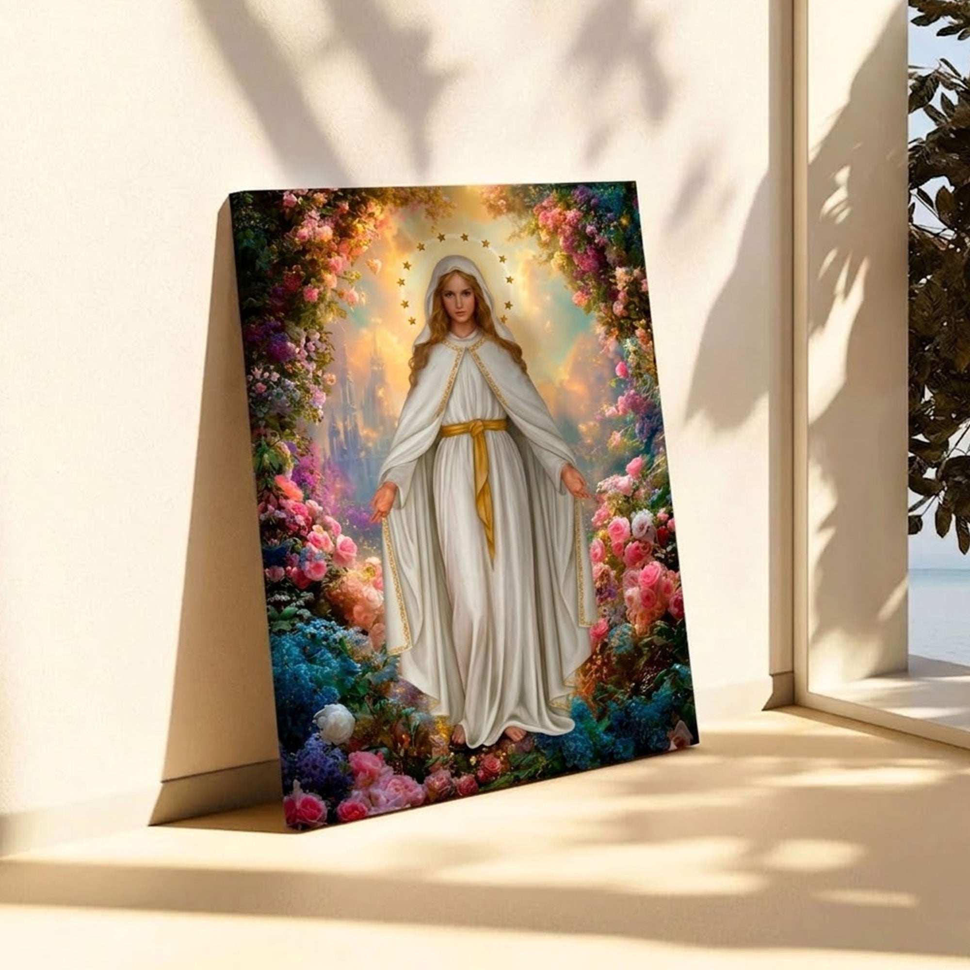 Our Lady of Grace Canvas Print, Catholic Virgin Mary Wall Art, Blessed Mother Apparition in Floral Garden, Sacred Christian Decor, Inspirational Faith Gift