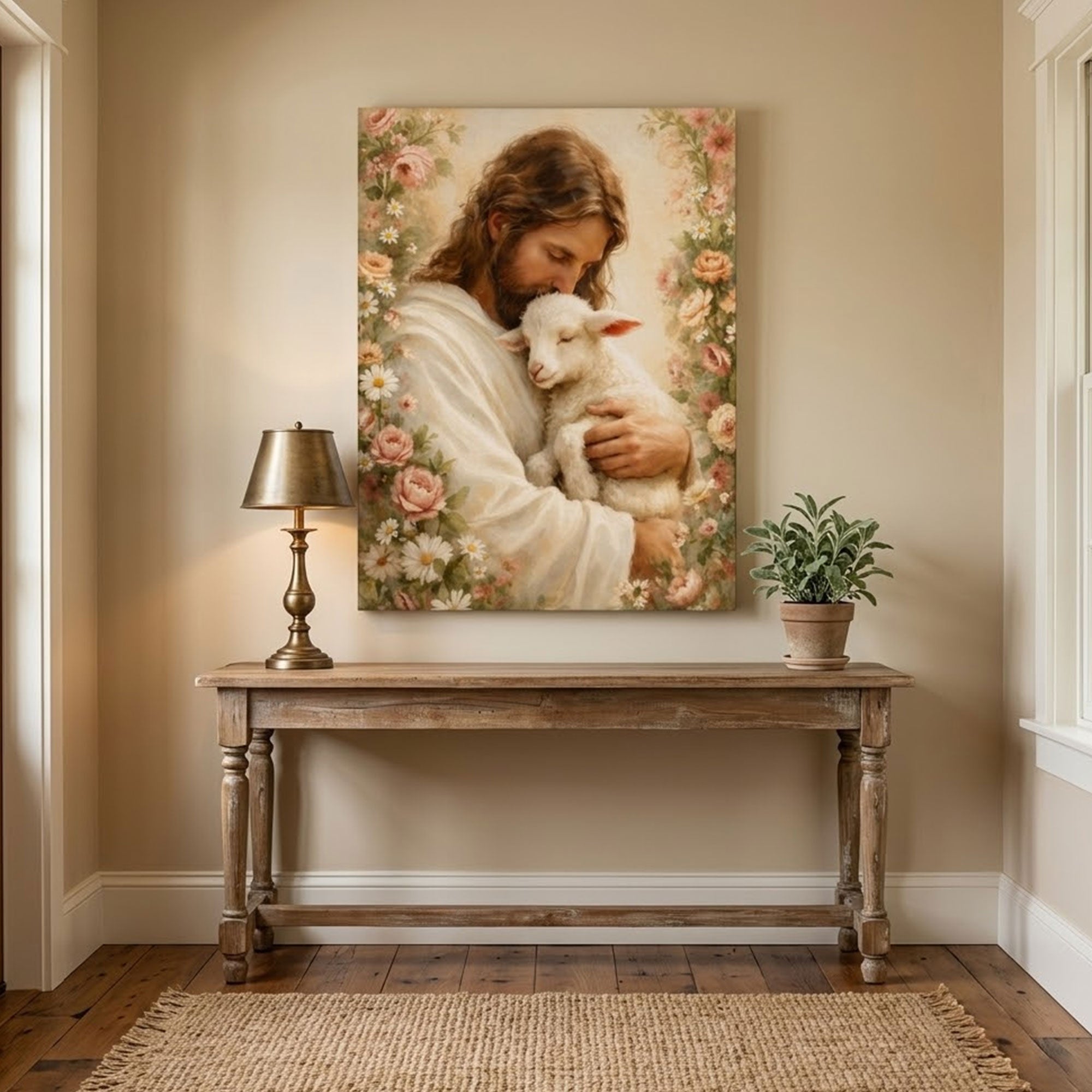 Jesus and Lamb Canvas Print, Good Shepherd Christian Wall Art, Peaceful Faith Home Decor