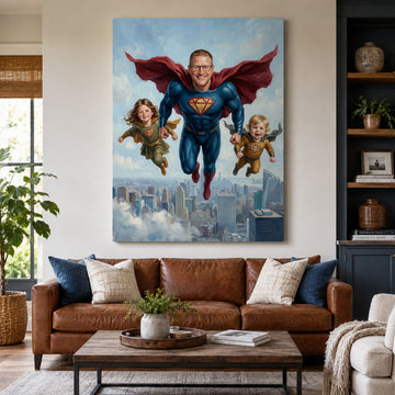 Custom Face Super Hero Dad Canvas, Personalized Father and Kids Wall Art, Funny Father’s Day Gift