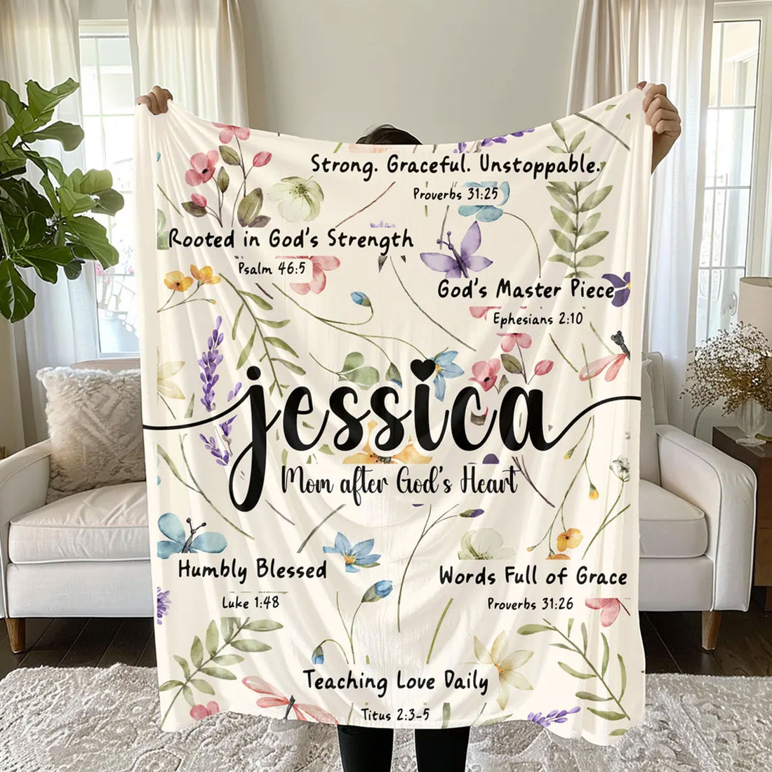 Personalized Christian Blanket, Custom Name Wildflower Bible Verse Fleece, Religious Family Gift, Custom Scripture Throw, Faith Gift Idea