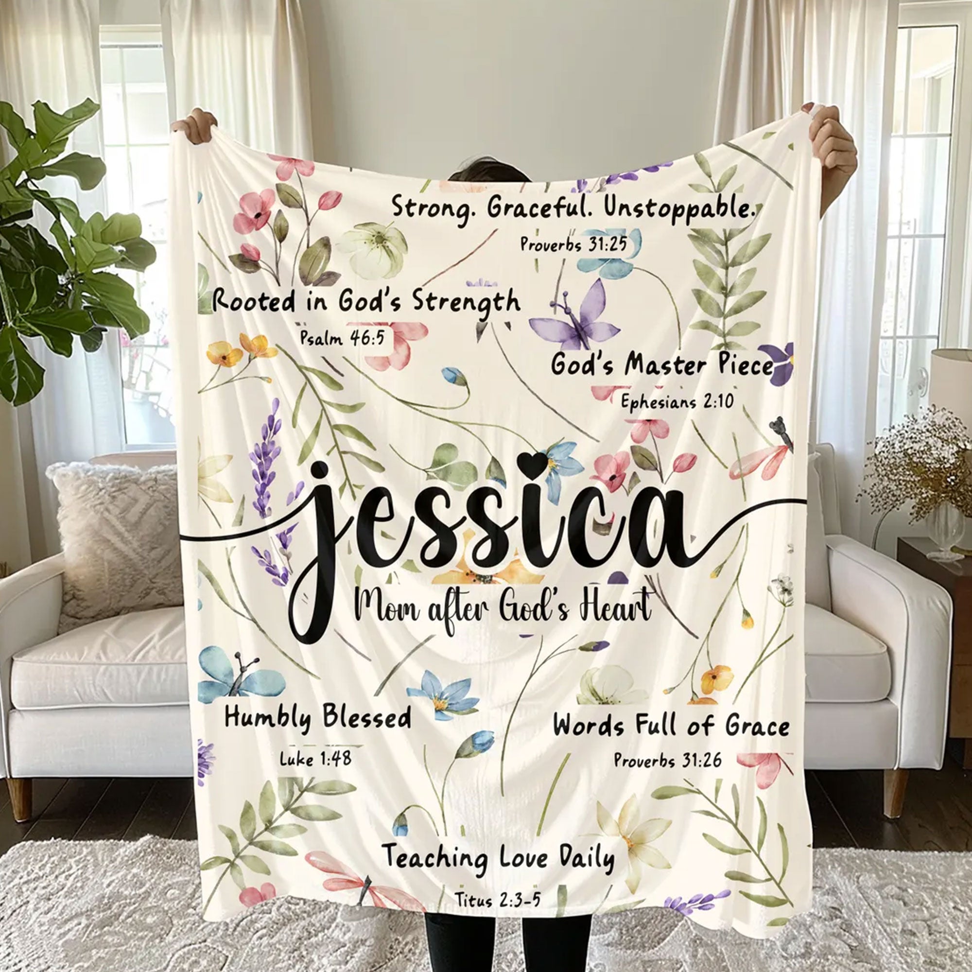 Personalized Christian Blanket, Custom Name Wildflower Bible Verse Fleece, Religious Family Gift, Custom Scripture Throw, Faith Gift Idea