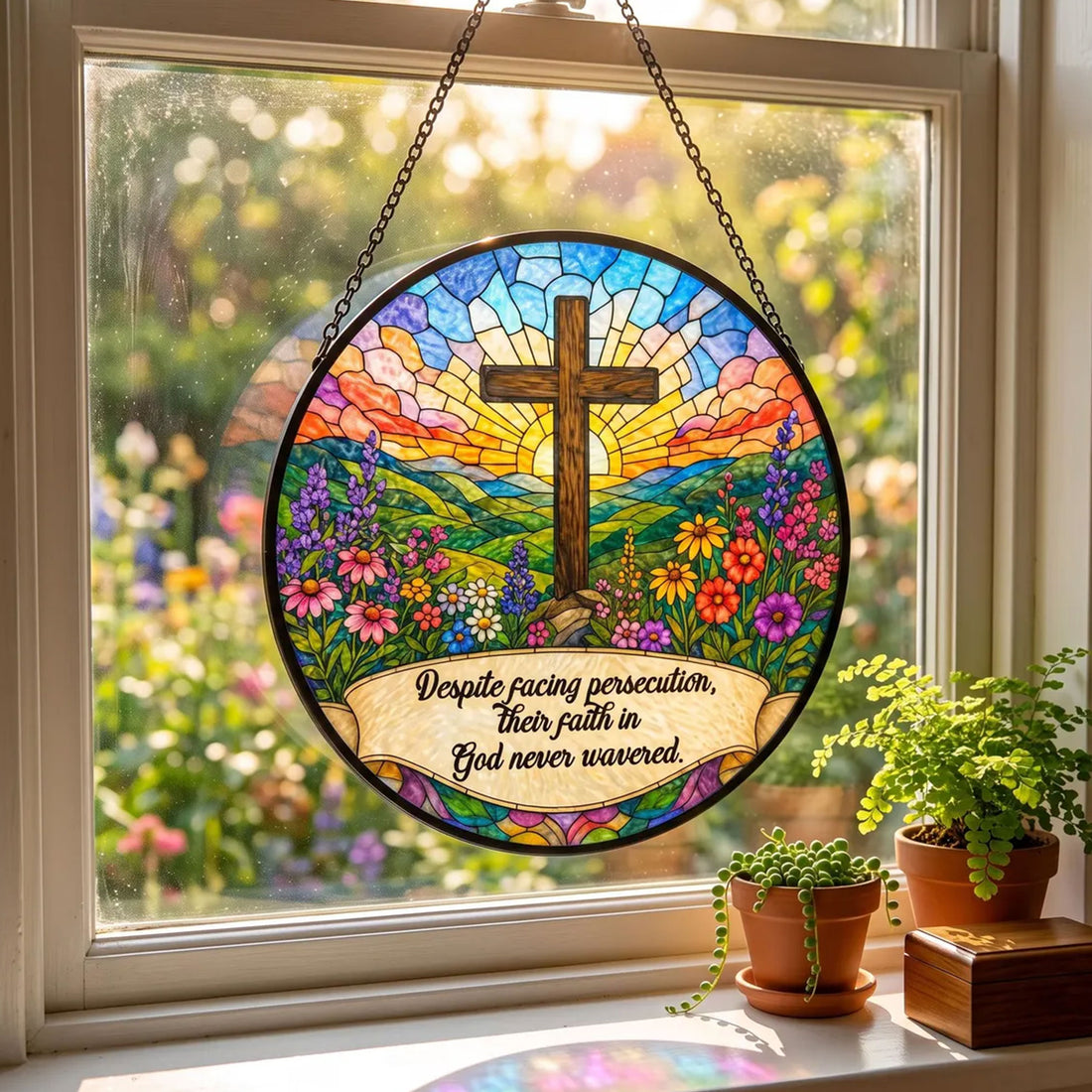 Christian Cross Suncatcher, Unwavering Faith Inspirational Quote, Floral Window Hanging