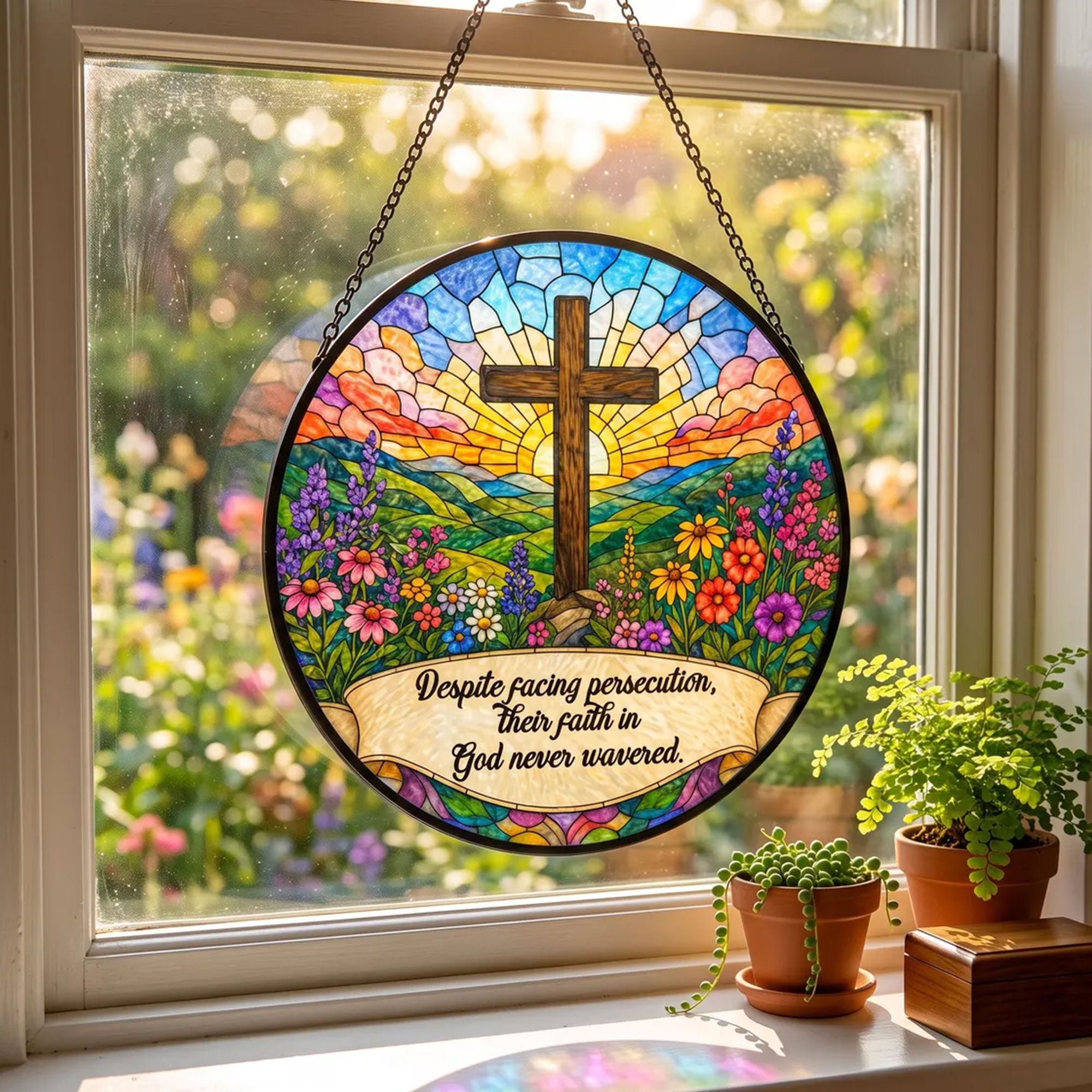 Christian Cross Suncatcher, Unwavering Faith Inspirational Quote, Floral Window Hanging