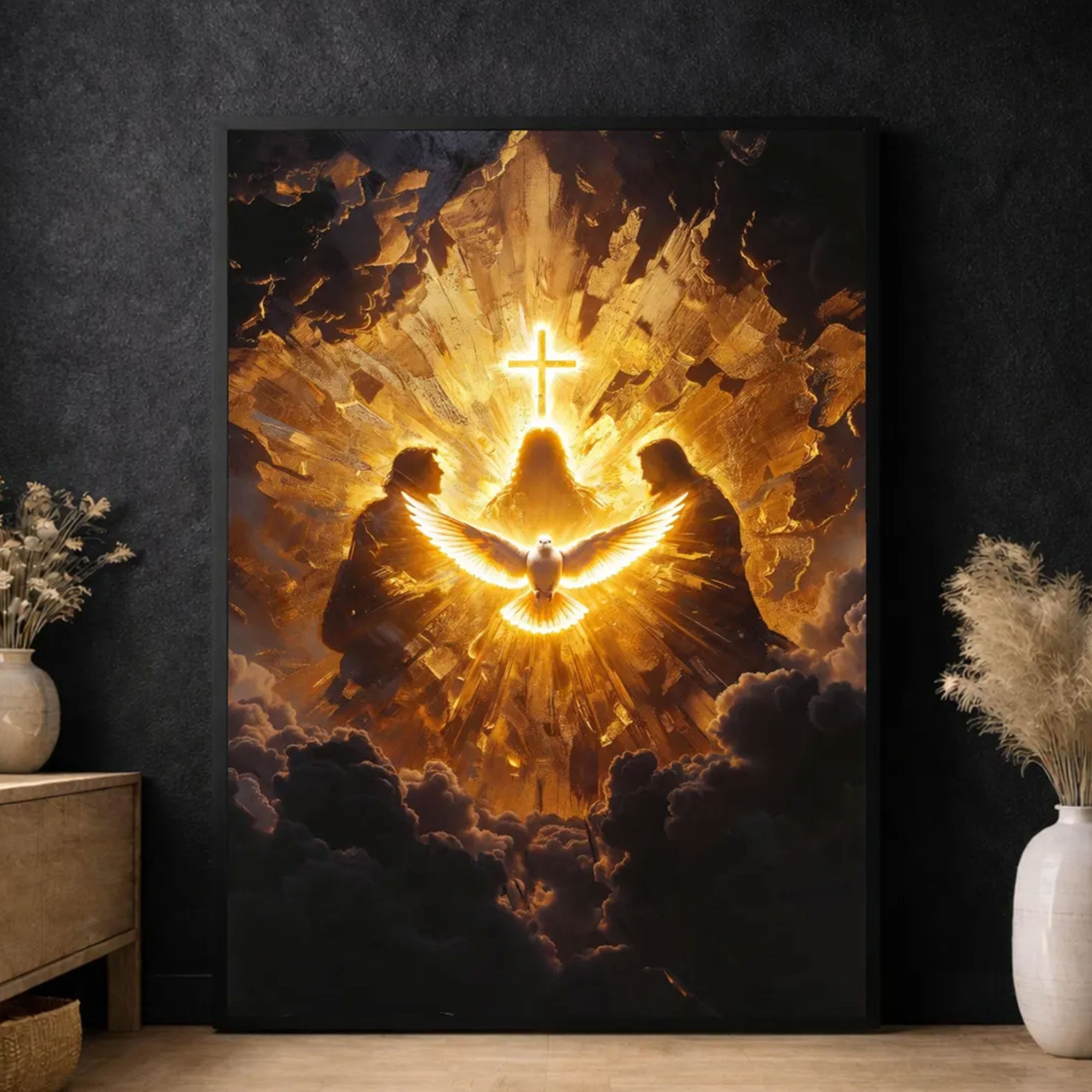Radiant Holy Spirit Canvas Print, Illuminated Dove with Cross Wall Art, Symbol of Divine Presence and Light, Christian Religious Decor, Inspirational Faith Gift