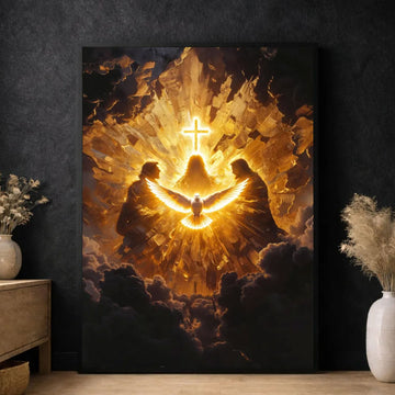 Radiant Holy Spirit Canvas Print, Illuminated Dove with Cross Wall Art, Symbol of Divine Presence and Light, Christian Religious Decor, Inspirational Faith Gift