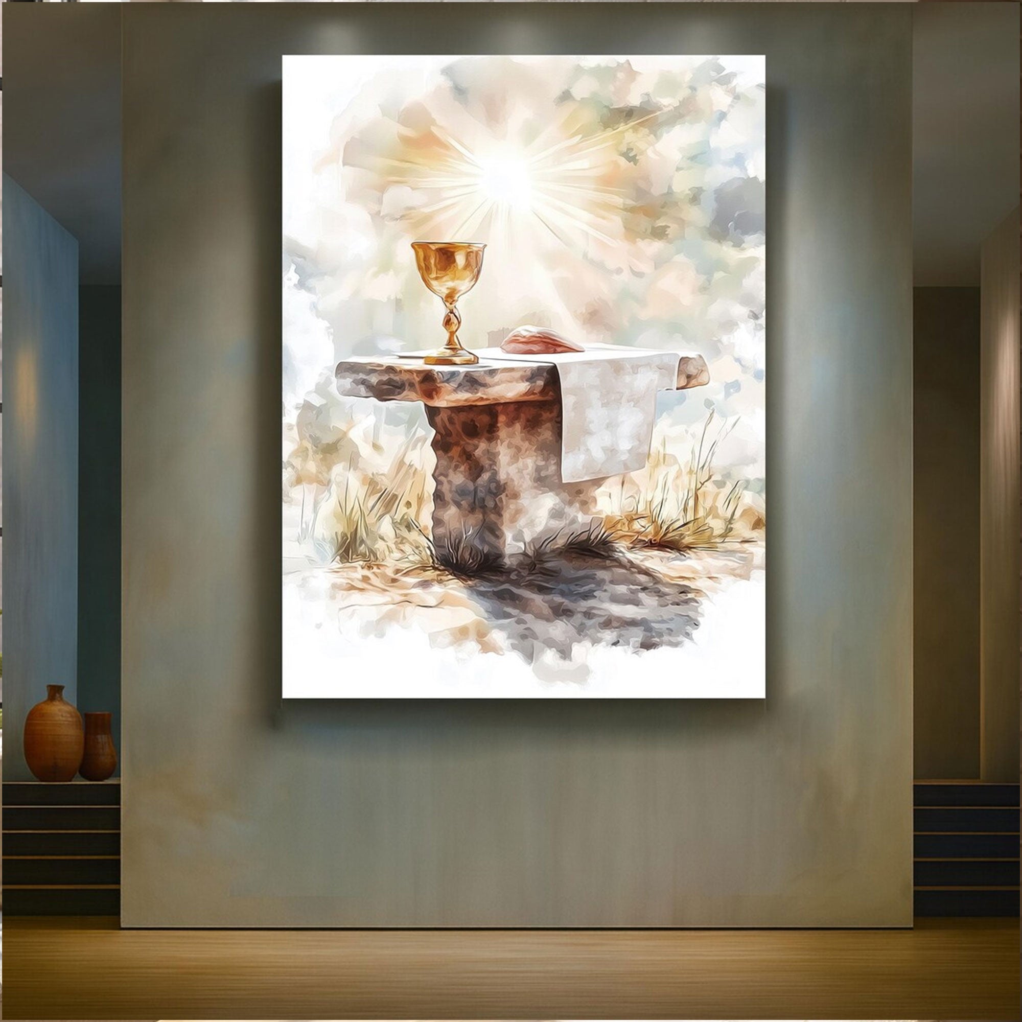 Holy Eucharist Canvas Print, Catholic Chalice Wall Art, First Communion Gift, Religious Faith Home Decor