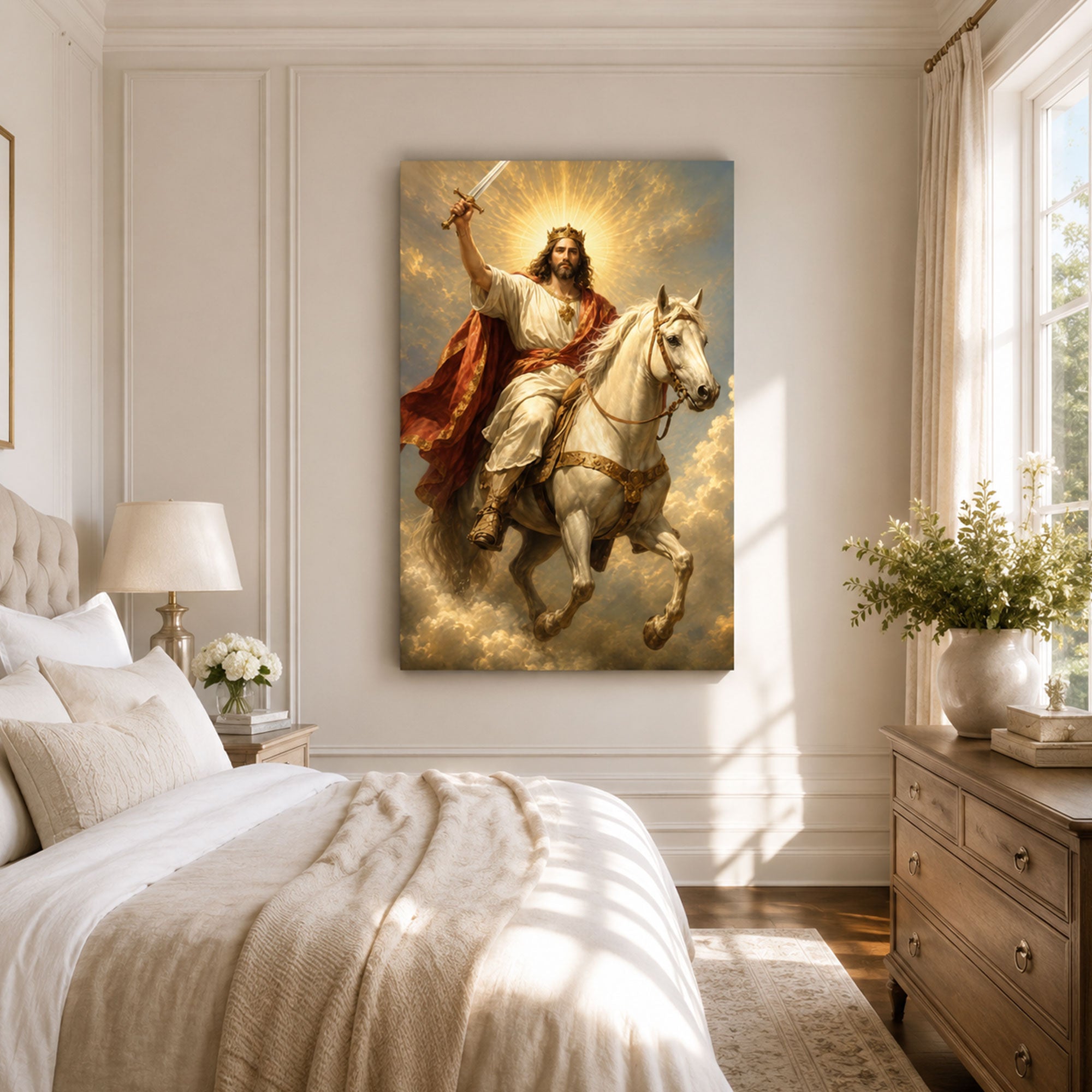 Christ the King on White Horse Canvas Print, Second Coming Jesus Wall Art, Christian Faith Home Decor Gift