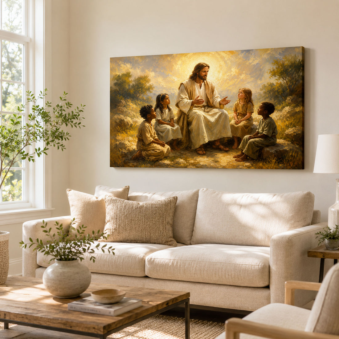 Jesus Teaching the Children Canvas Print, Matthew 19:14 Christian Wall Decor, Family Faith Gift