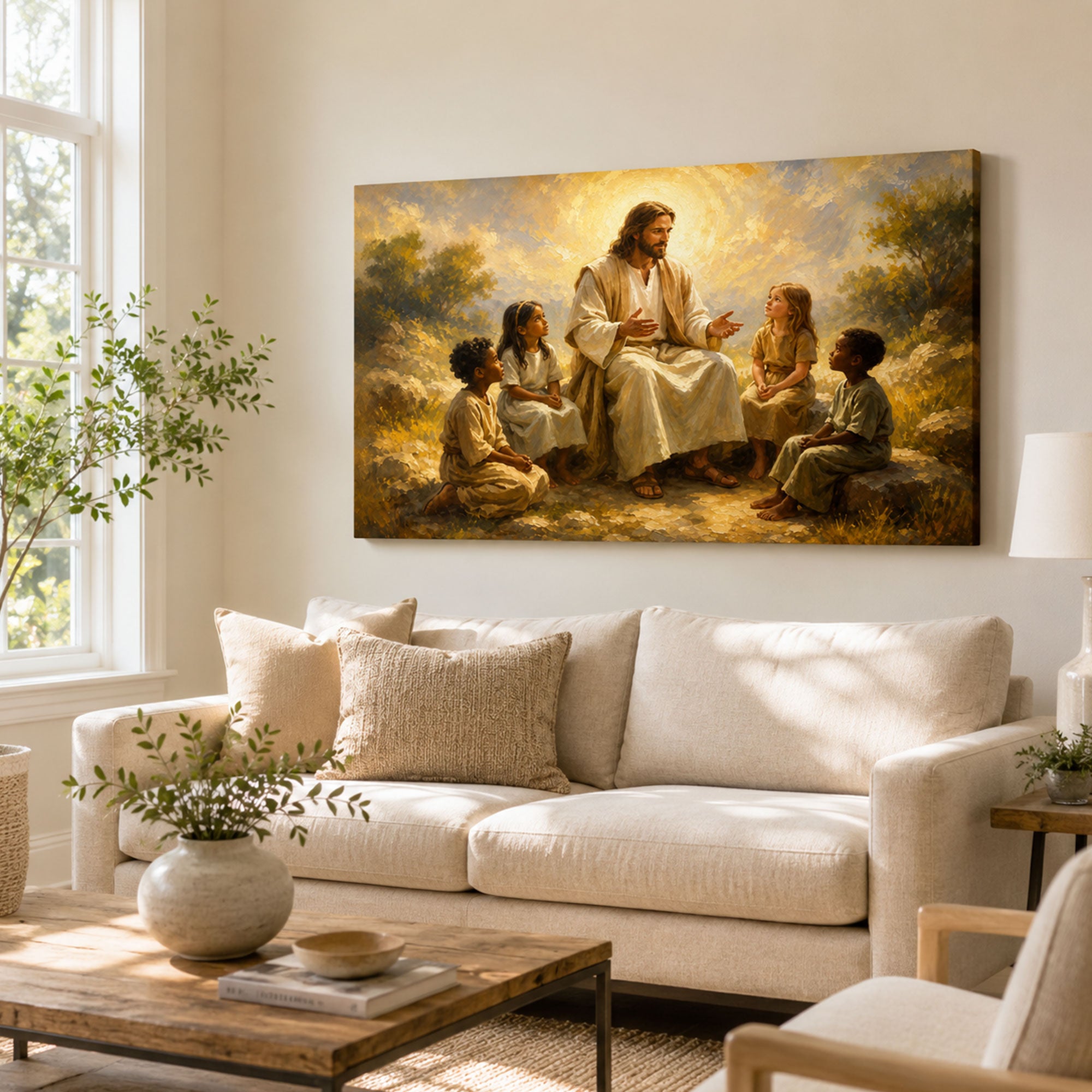 Jesus Teaching the Children Canvas Print, Matthew 19:14 Christian Wall Decor, Family Faith Gift