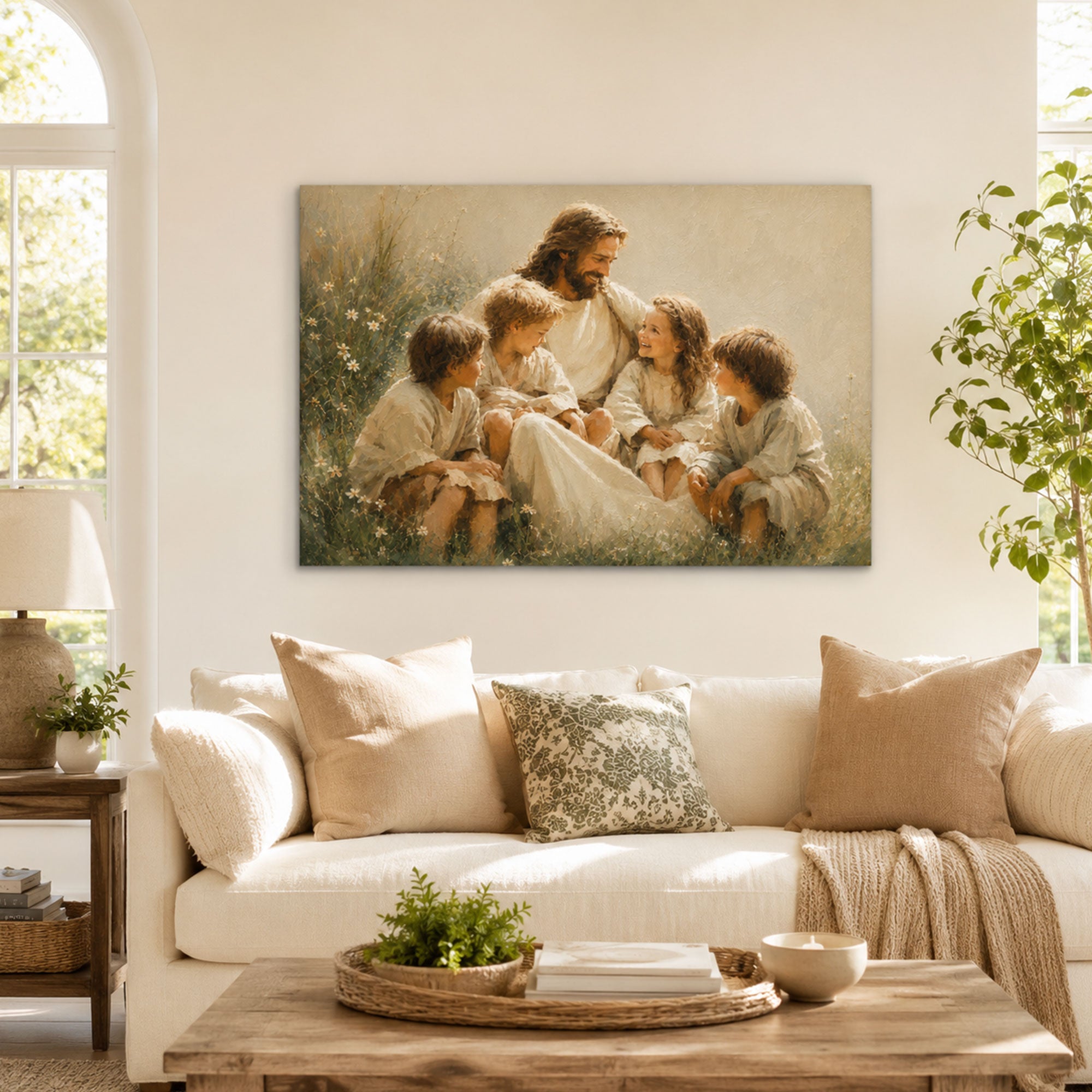 Jesus with Children Canvas Print, Matthew 19:14 Christian Wall Decor, Family Faith Gift