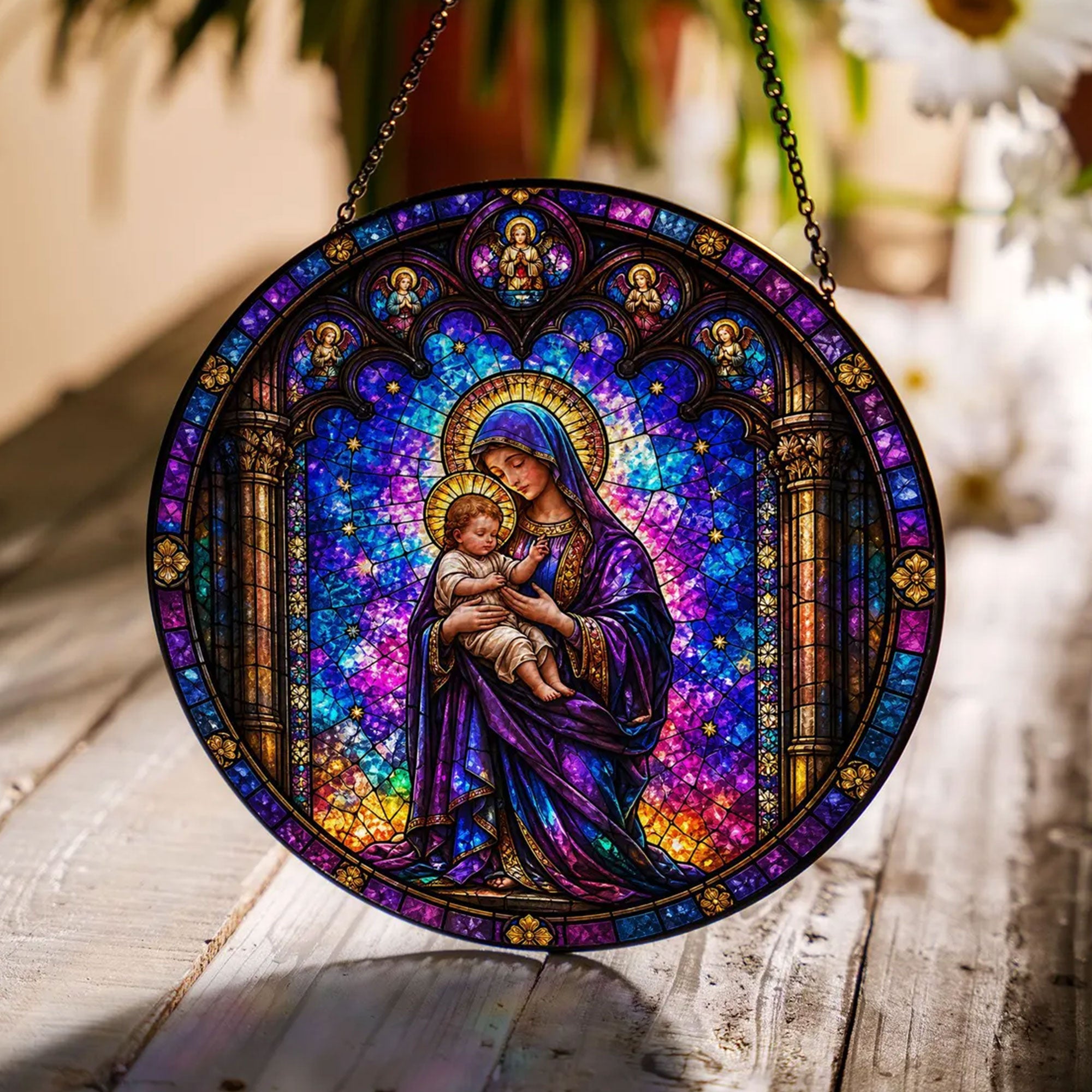 Virgin Mary and Baby Jesus Stained Glass Suncatcher, Catholic Window Hanging, Christian Decor Gift