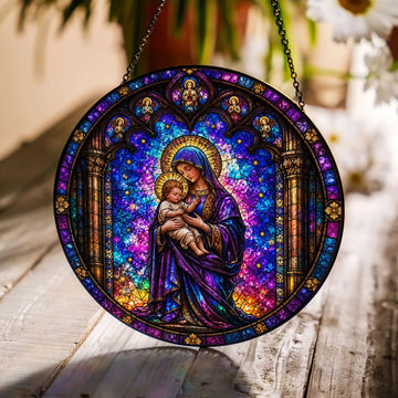 Virgin Mary and Baby Jesus Stained Glass Suncatcher, Catholic Window Hanging, Christian Decor Gift