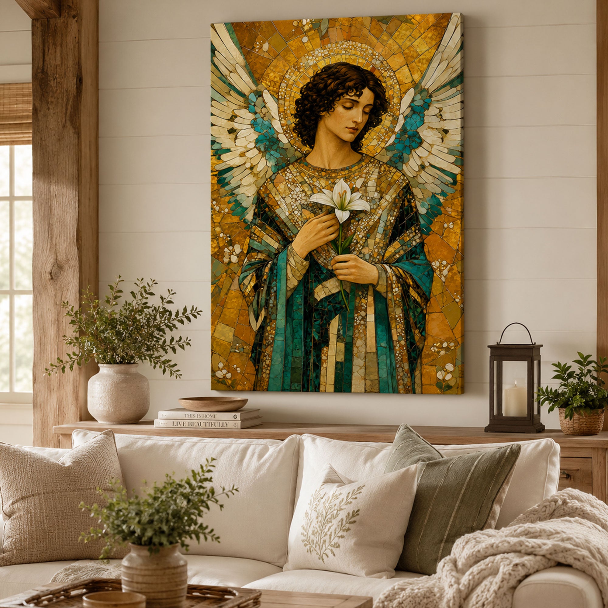 Archangel Gabriel with Lily Canvas Print, Catholic Angel Wall Art, Faith Home Decor Gift