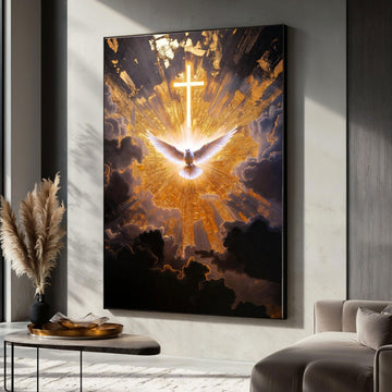 Radiant Holy Spirit Canvas Print, Glowing Cross and Dove Wall Art, Golden Light Christian Decor, Symbol of Divine Presence, Inspirational Faith Gift