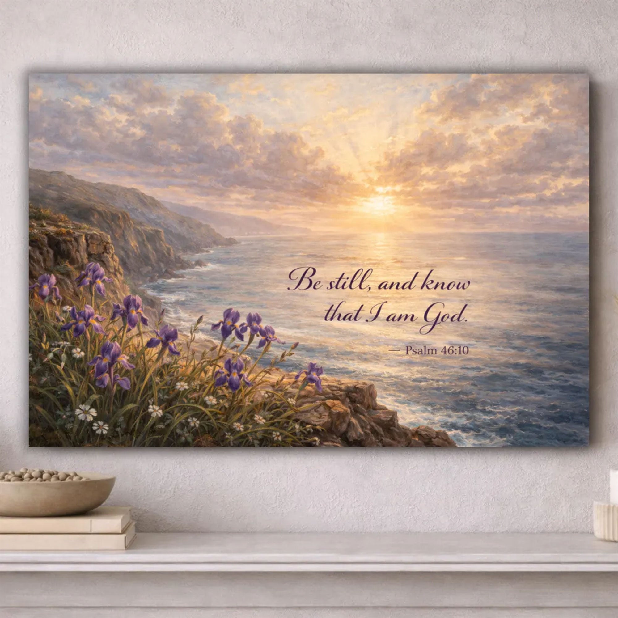 Psalm 46:10 Be Still and Know Canvas Print, Christian Ocean Cliff Wall Art, Coastal Landscape Bible Verse Decor Gift