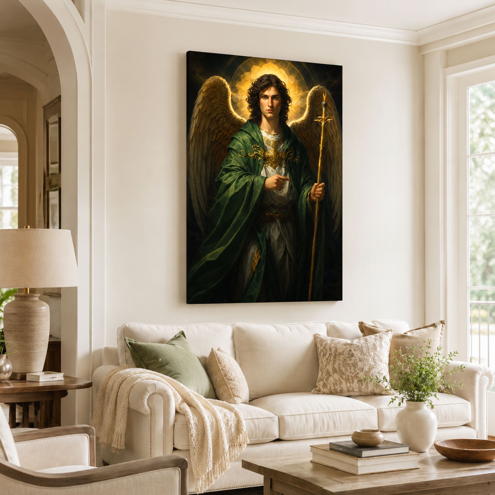 Saint Raphael Archangel Canvas Print, Catholic Healing Angel Wall Art, Green Robe Faith Home Decor Gift