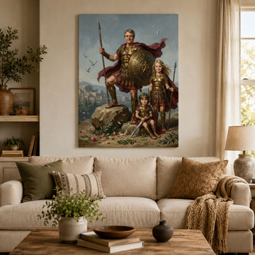 Personalized Spartan Dad Canvas Print, Custom Father and Daughters Warrior Portrait, Father’s Day Gift